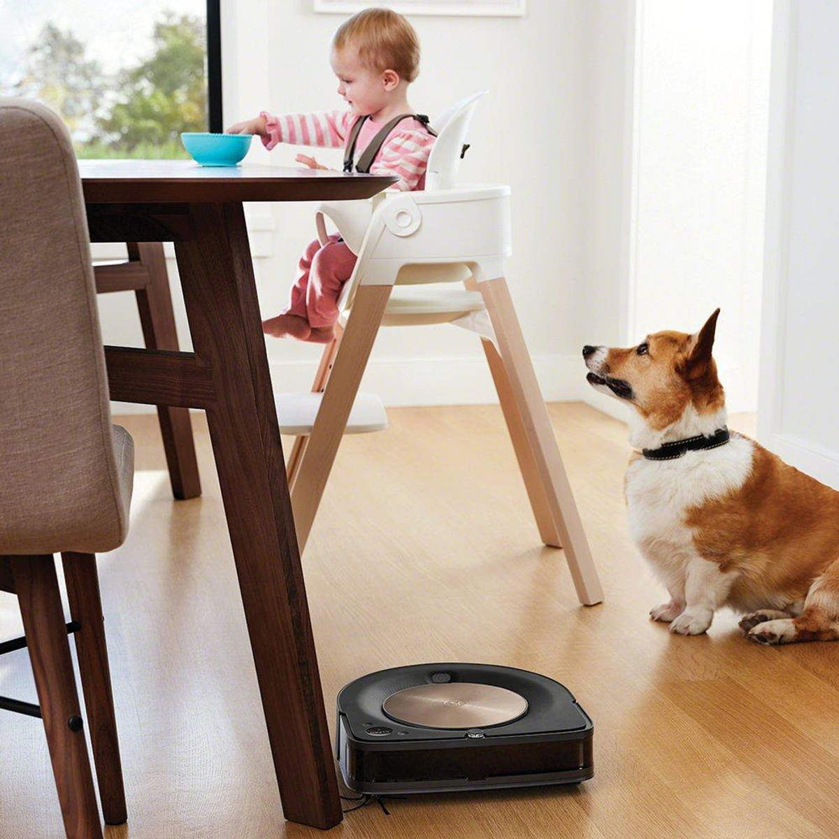 Ein Baby in einem Hochstuhl, ein Hund und ein Roboter-Staubsauger auf Holzboden.