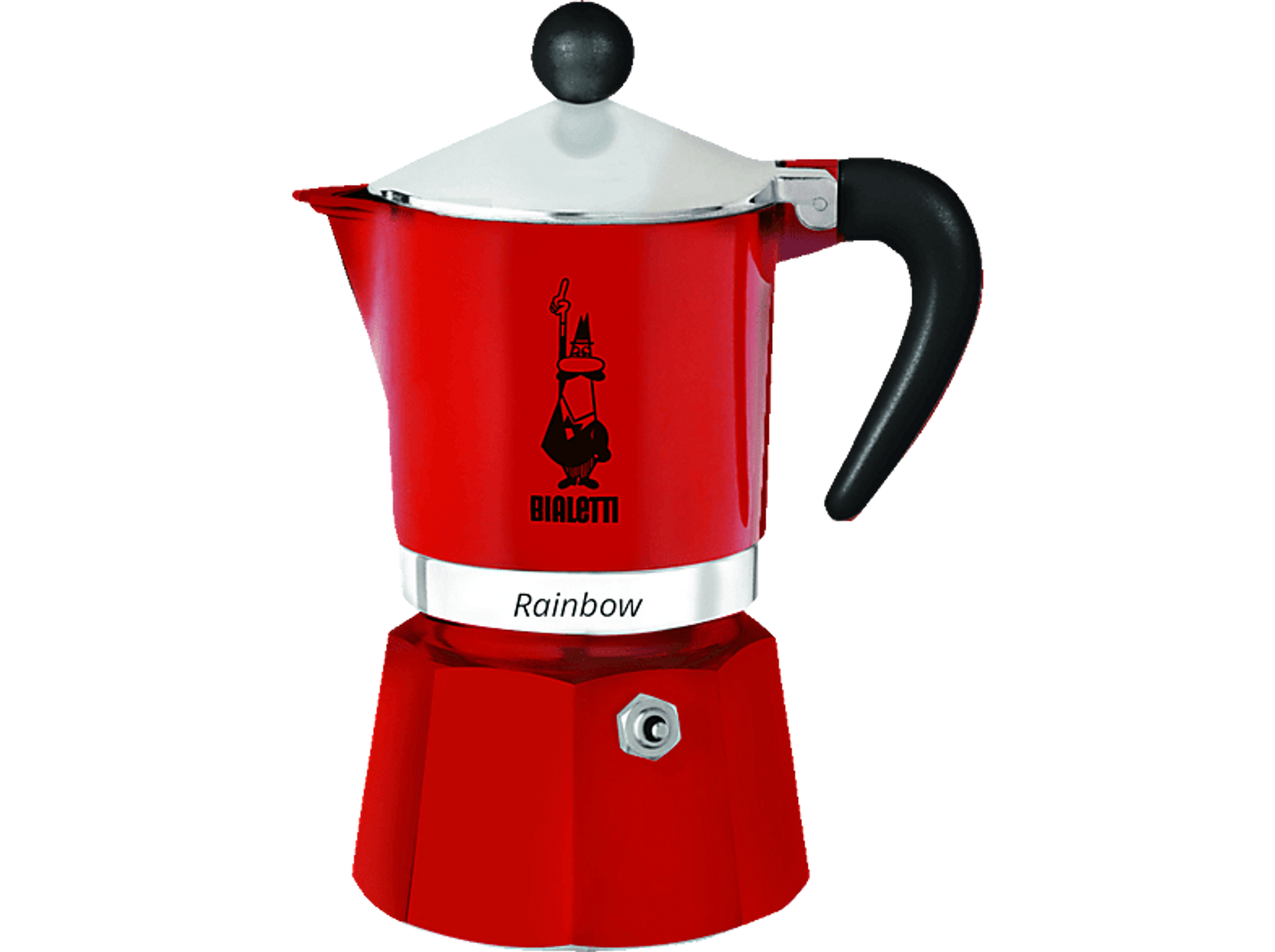Czerwony kawiarka Bialetti Rainbow z czarnym uchwytem i srebrną podstawą. Logo marki na kawiarce.