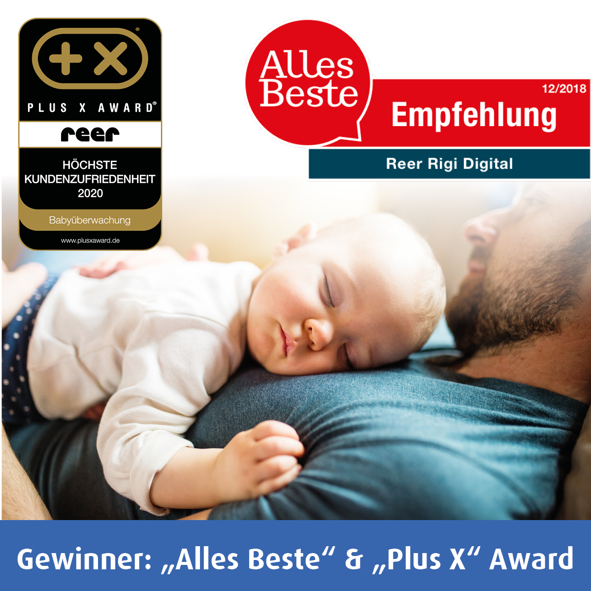 Ein Baby schläft auf der Brust eines Mannes. Auszeichnungen im Hintergrund weisen auf die Produktanerkennung hin.