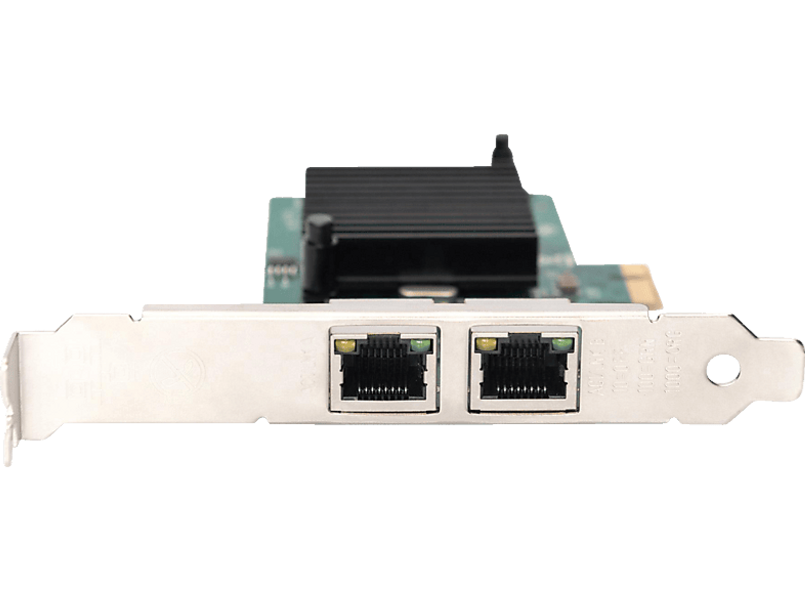 Scheda di rete con due porte RJ45. La scheda è contro uno sfondo nero.