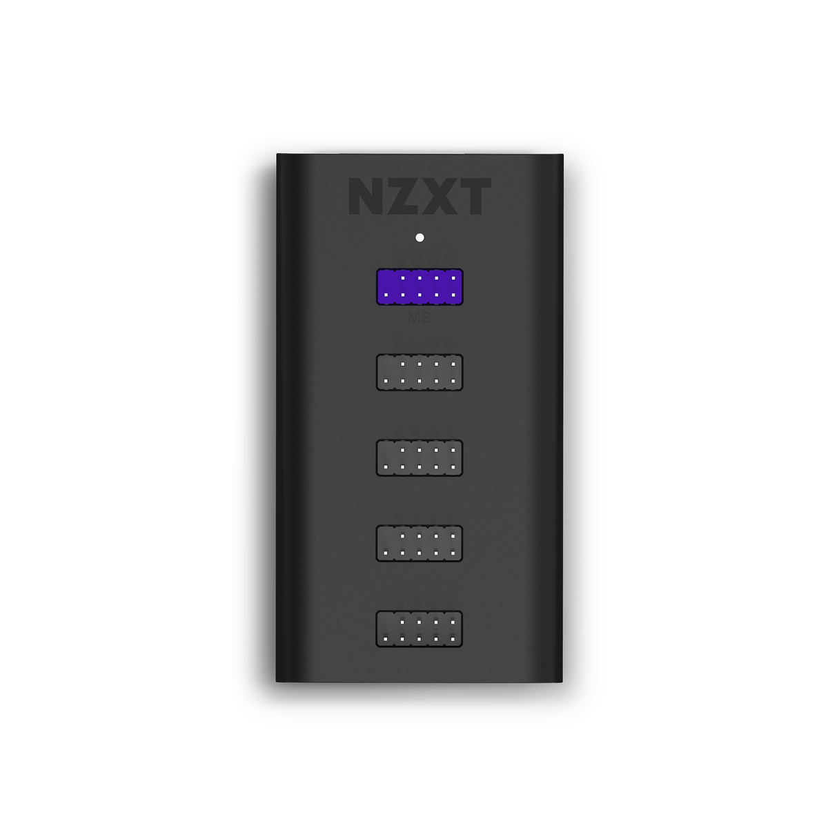 Schwarzer NZXT-Lüftercontroller mit mehreren Anschlüssen. Weißer Hintergrund.