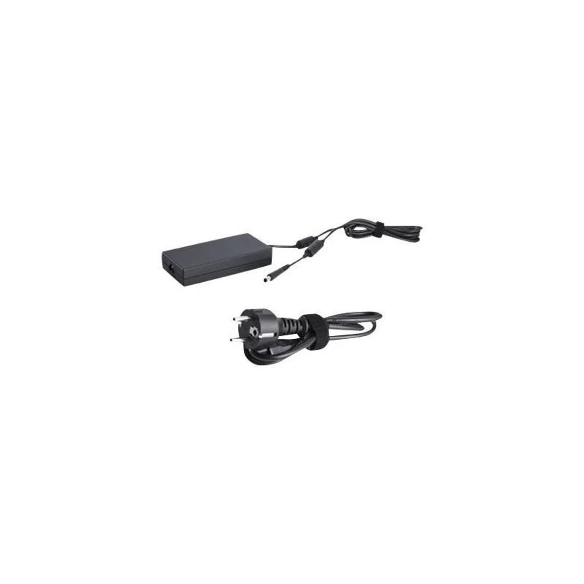 Schwarzes Netzteil und Kabel. Schwarzer Netzstecker und eine schwarze Box.