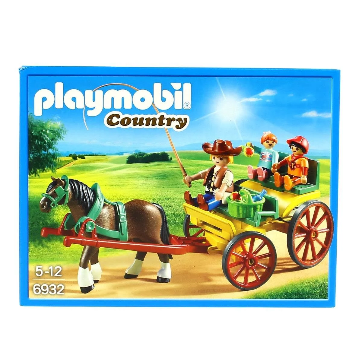 Zestaw zabawek Playmobil. Wóz konny z figurkami na zielonym polu.