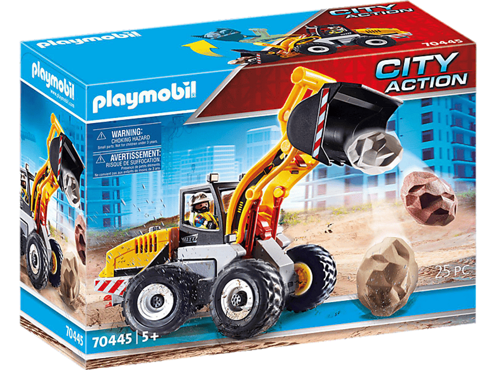 Una caja de Playmobil que muestra un juego de construcción con una cargadora frontal amarilla y rocas.