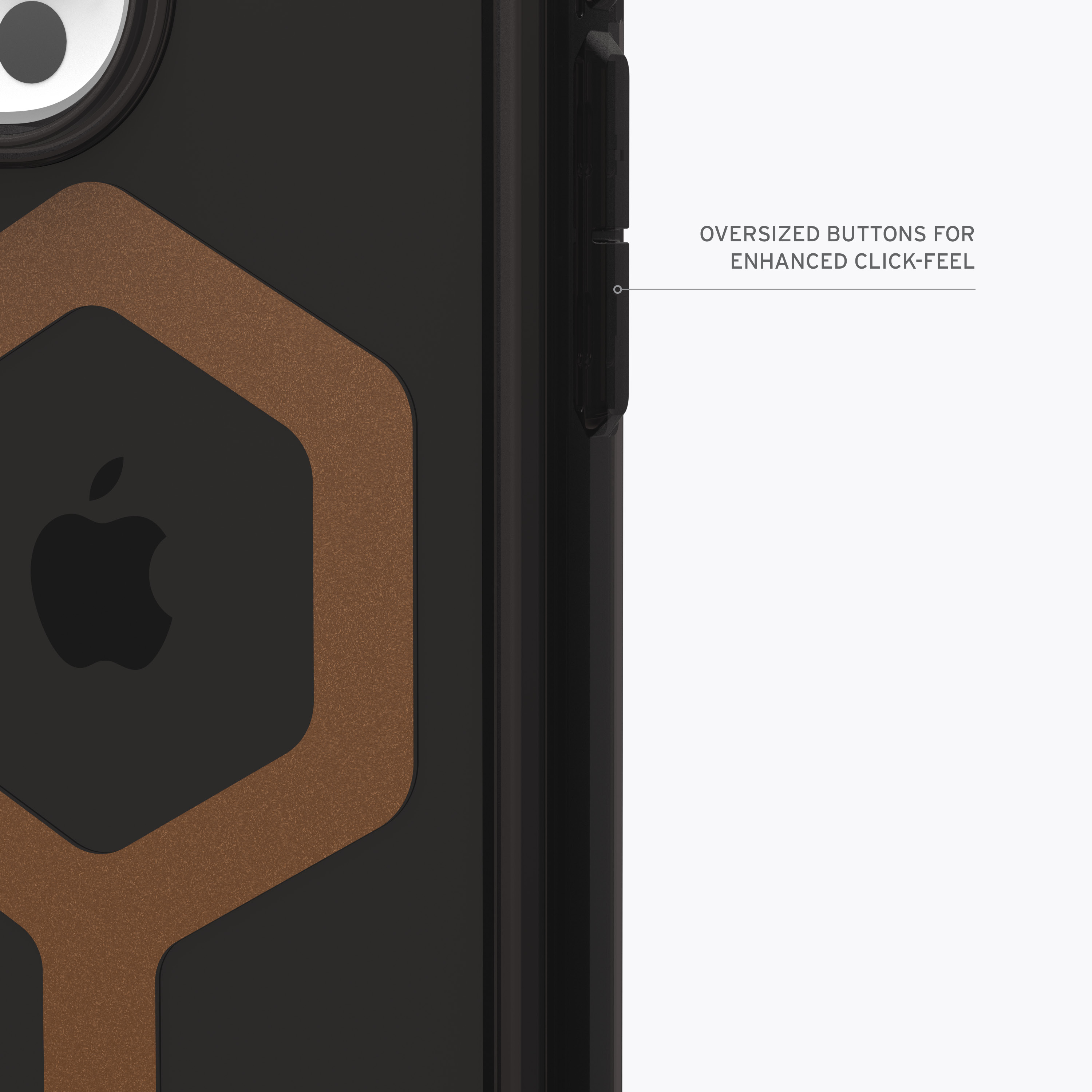 Custodia per telefono nera e marrone con un design esagonale attorno al logo Apple. Sfondo bianco.