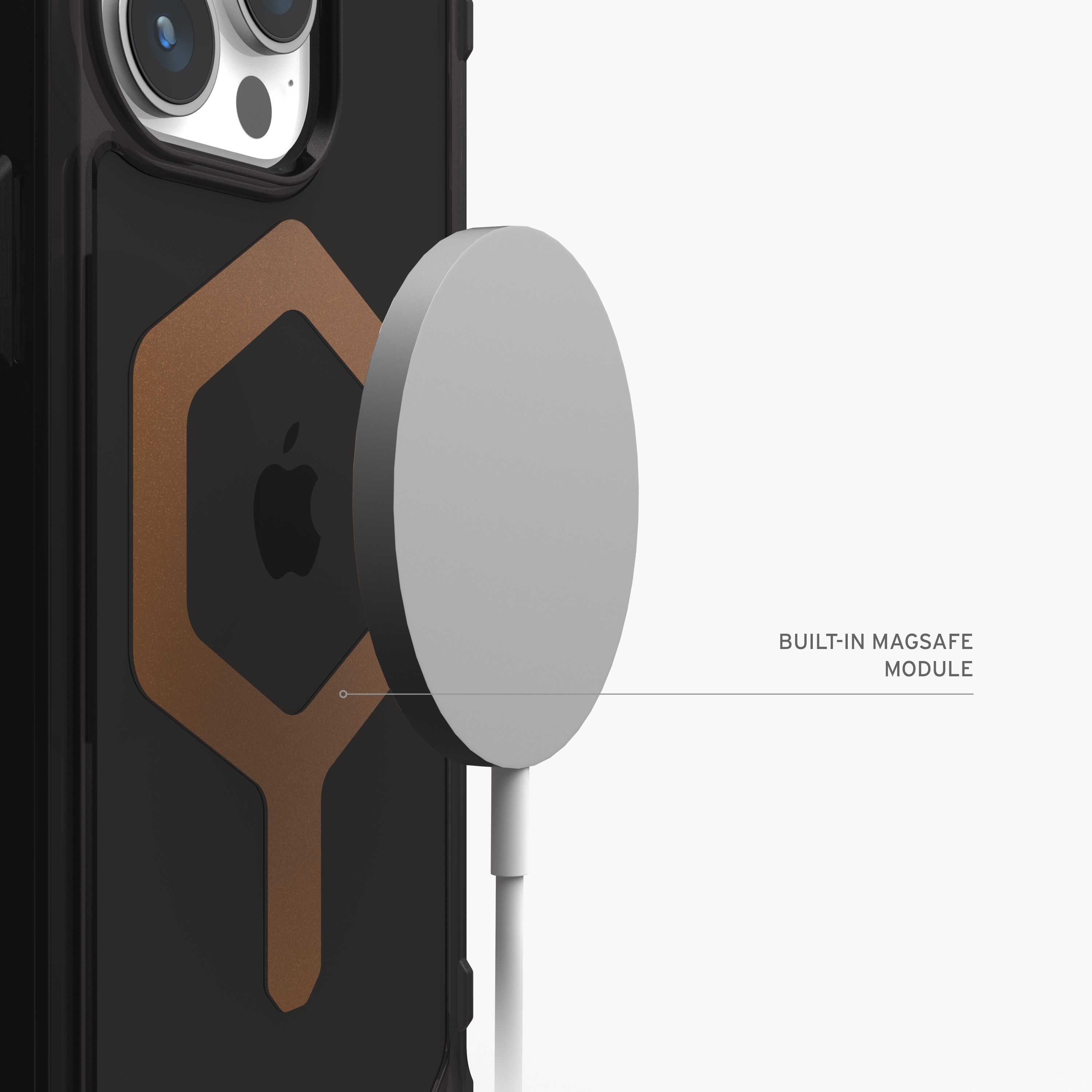 Primo piano di una custodia per telefono con un design marrone e nero. Un modulo di ricarica bianco è collegato.
