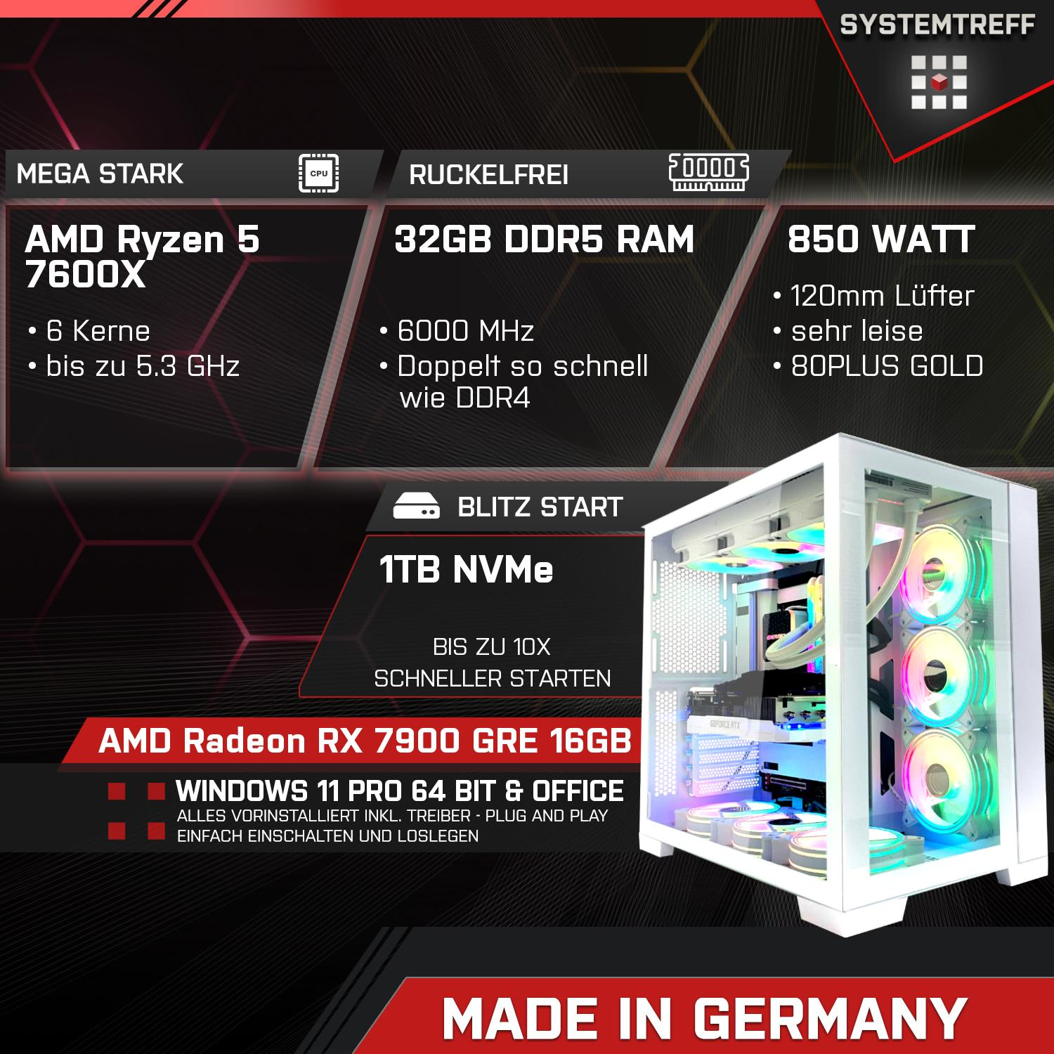 Ryzen™ 7600X, Gaming 1000 AMD 5 GB SYSTEMTREFF Windows AMD Gaming Ryzen 6900 XT RAM, 32 11 mSSD, RX AMD PC Prozessor, Radeon™ Pro, GB mit 5 Pro