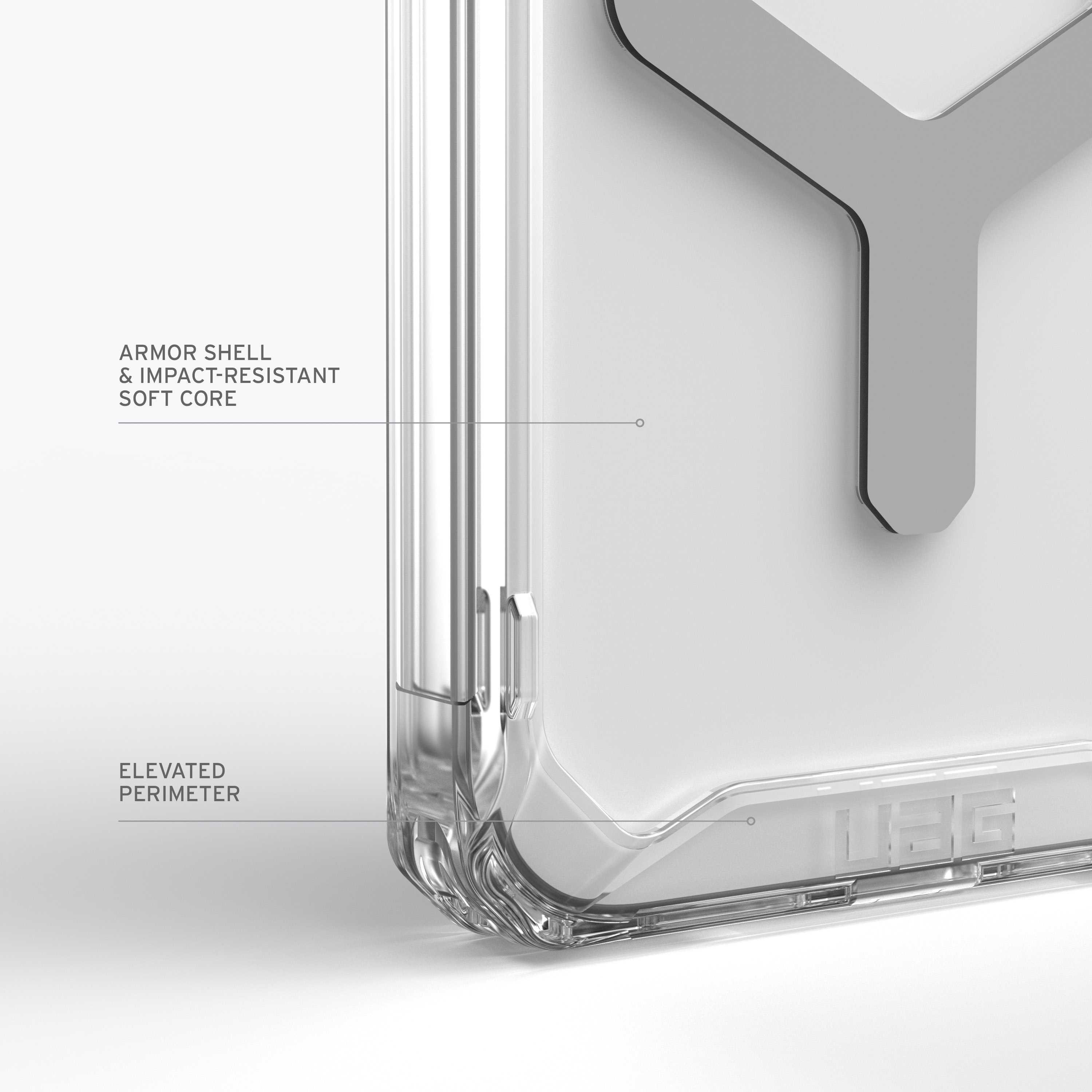 Nahaufnahme der Ecke einer durchsichtigen Handyhülle mit Text und Designdetails.