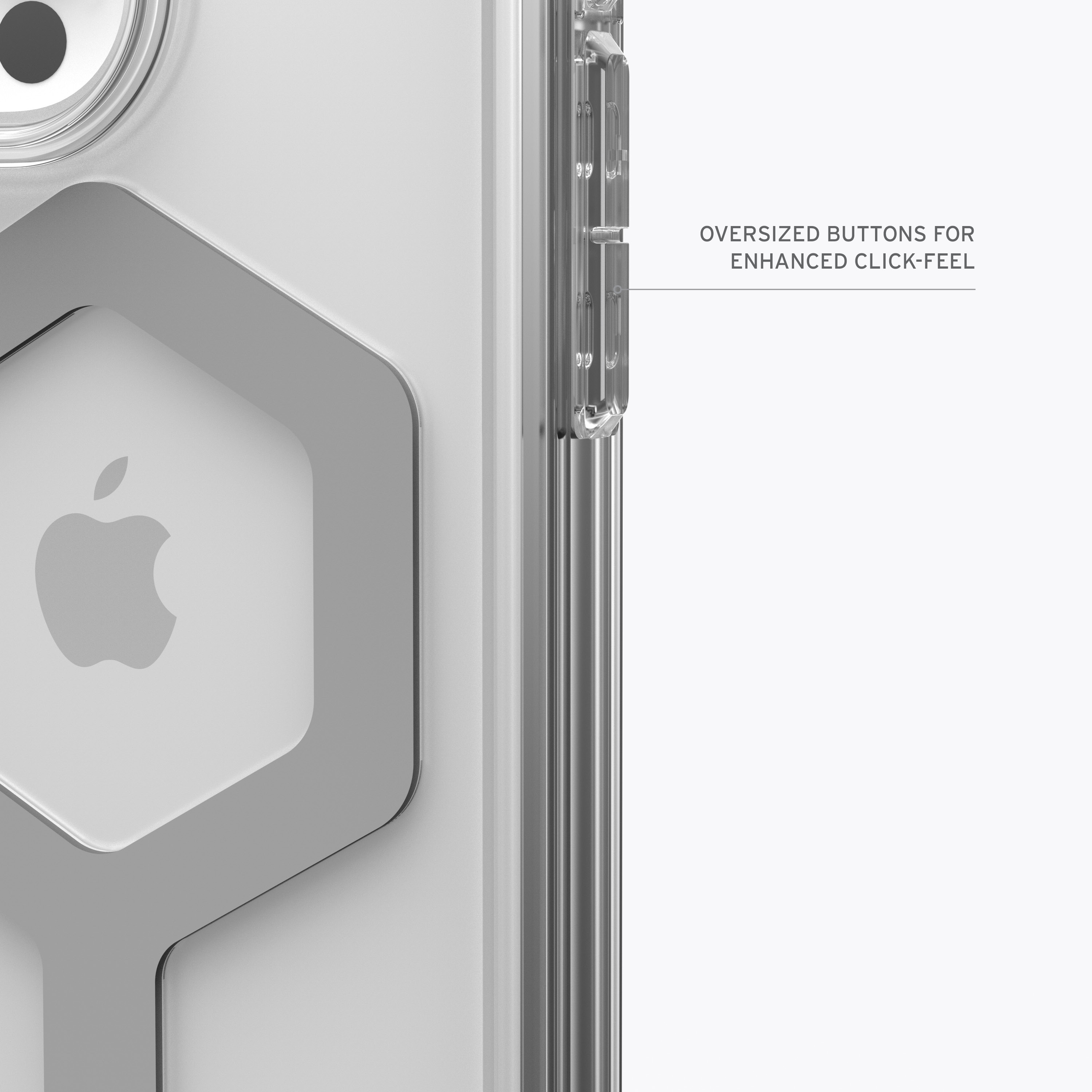 Nahaufnahme einer iPhone-Hülle, die das Apple-Logo, das Design der Hülle und Text über Tasten zeigt.