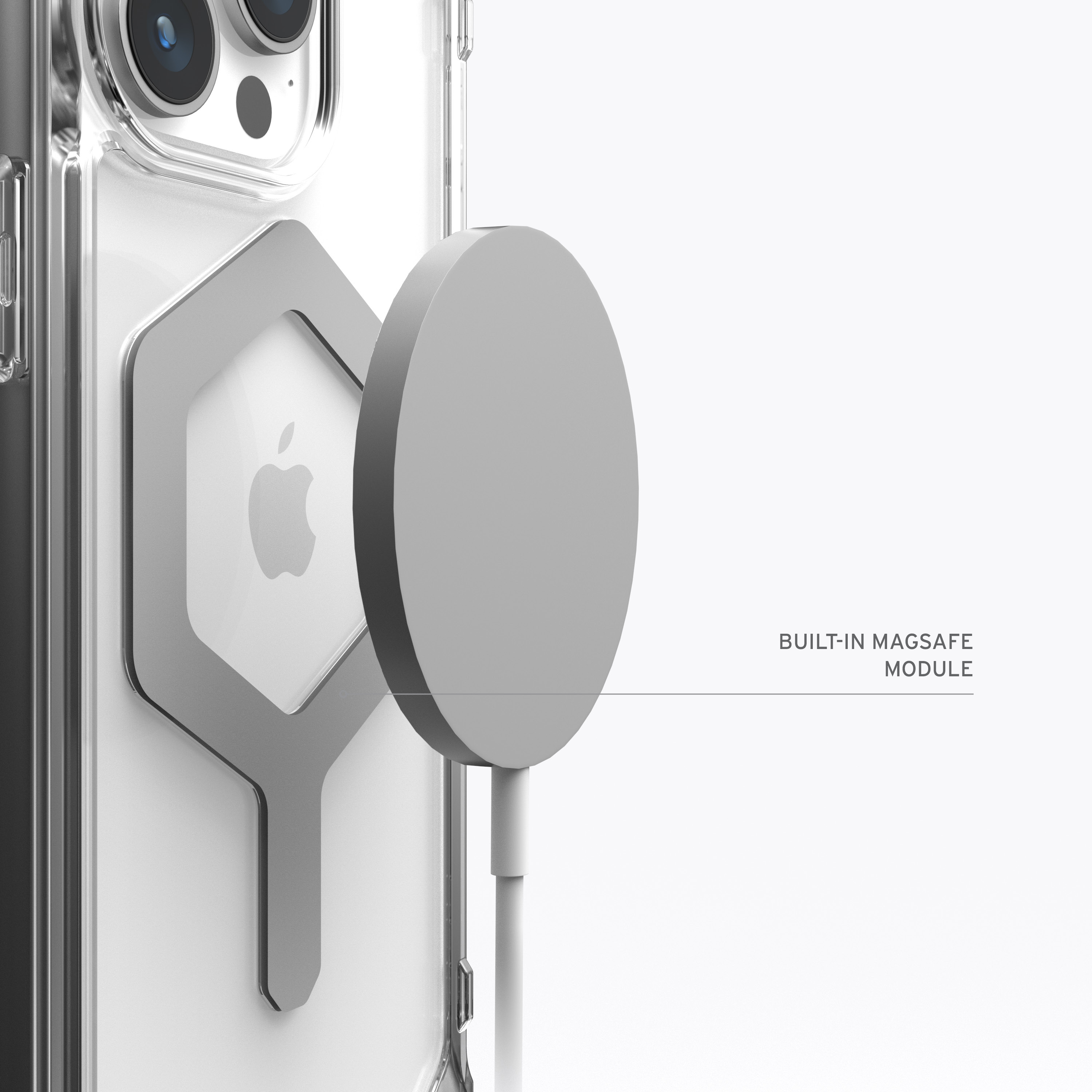 Nahaufnahme der Handyhülle mit MagSafe-Modul. Grauer Kreis mit weißem Kabel. Weißer Hintergrund.
