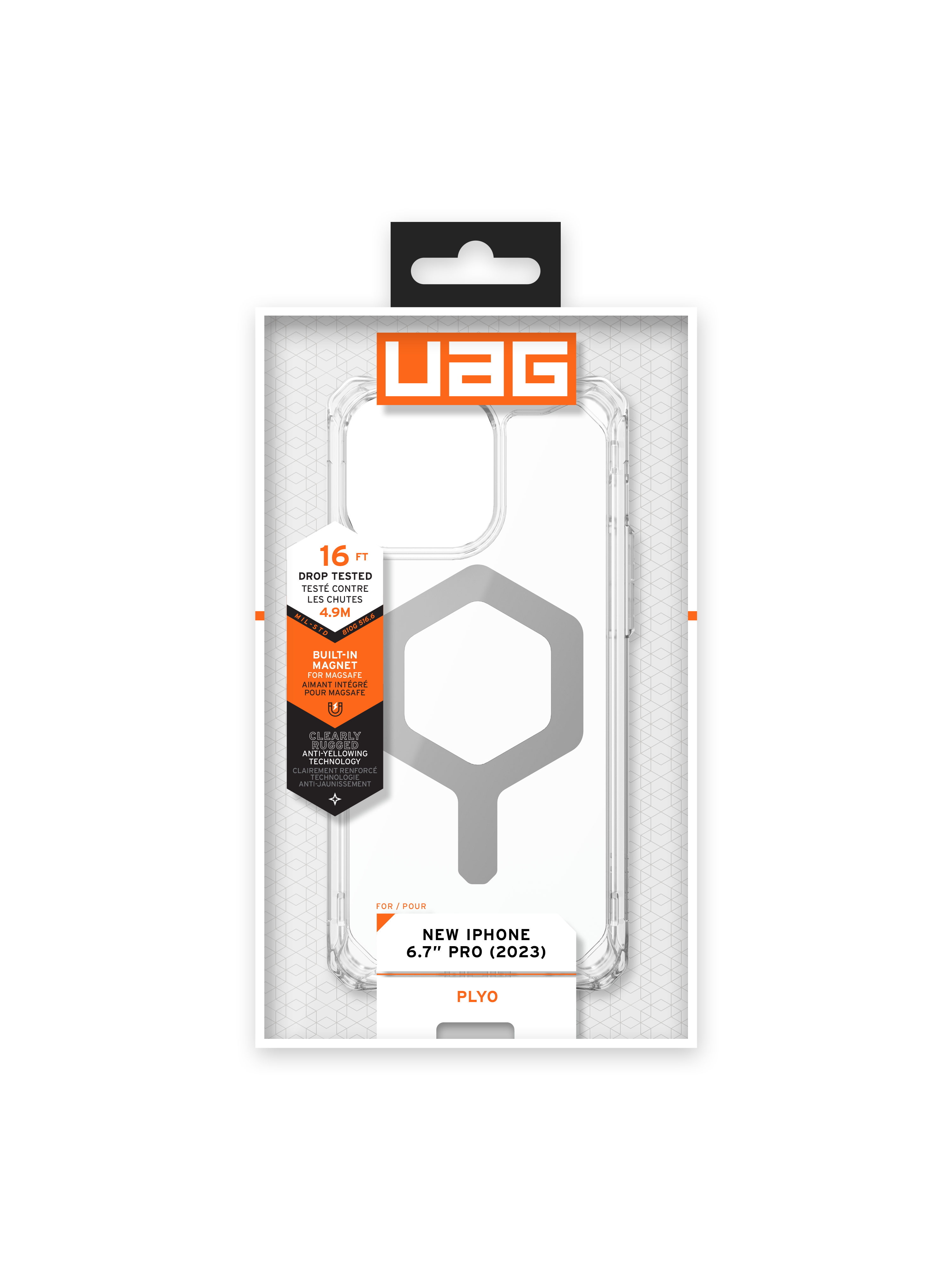 Klare iPhone-Hülle. Die Hülle ist transparent, mit schwarzen Akzenten und UAG-Logo.