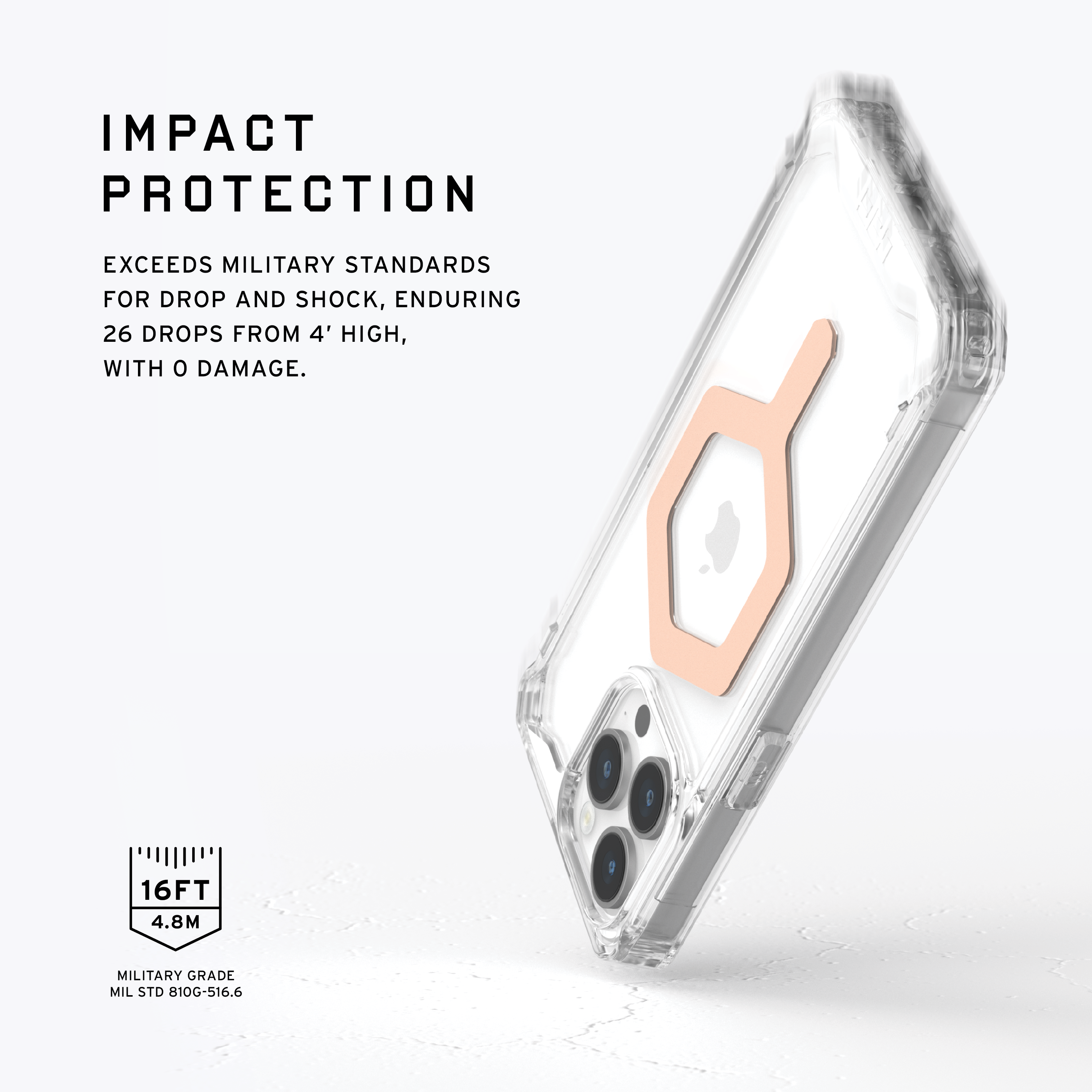 Transparente Handyhülle mit roségoldenem Akzent, Text: Impact Protection und 16FT.