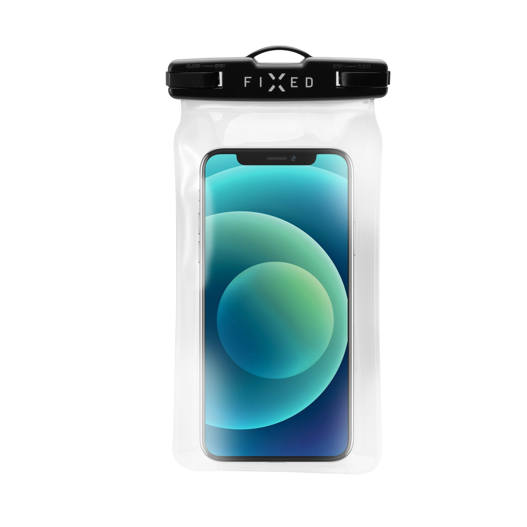 Ein Smartphone in einer transparenten, wasserdichten Tasche. Die Tasche hat einen schwarzen Verschluss und einen schwarzen Griff.
