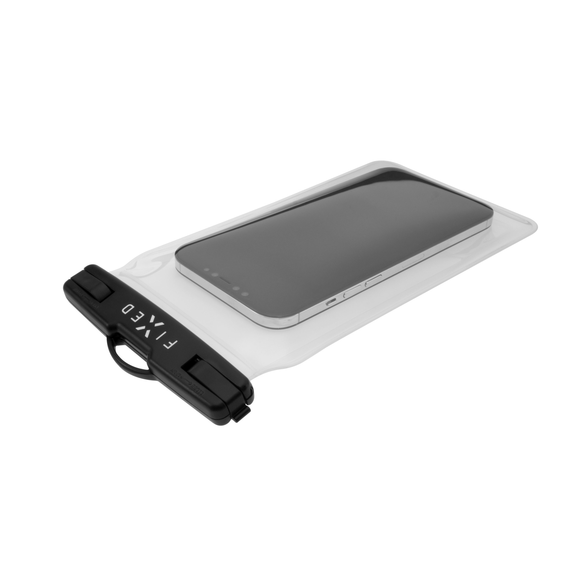 Smartphone in einer transparenten, wasserdichten Tasche. Die Tasche ist mit einem schwarzen Verschluss geschlossen.