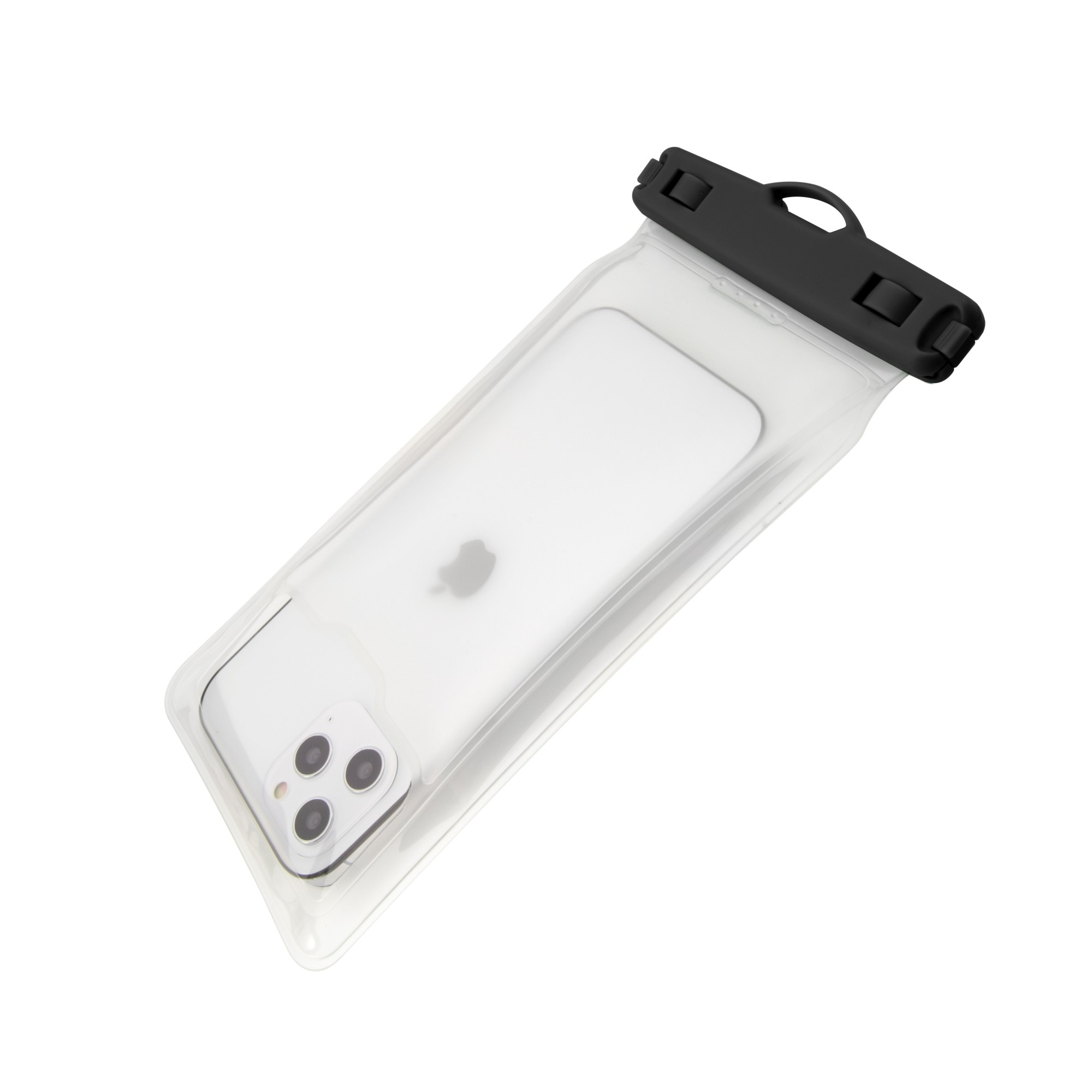 Ein Smartphone in einer transparenten, wasserdichten Tasche. Das Telefon ist durch die Tasche sichtbar.
