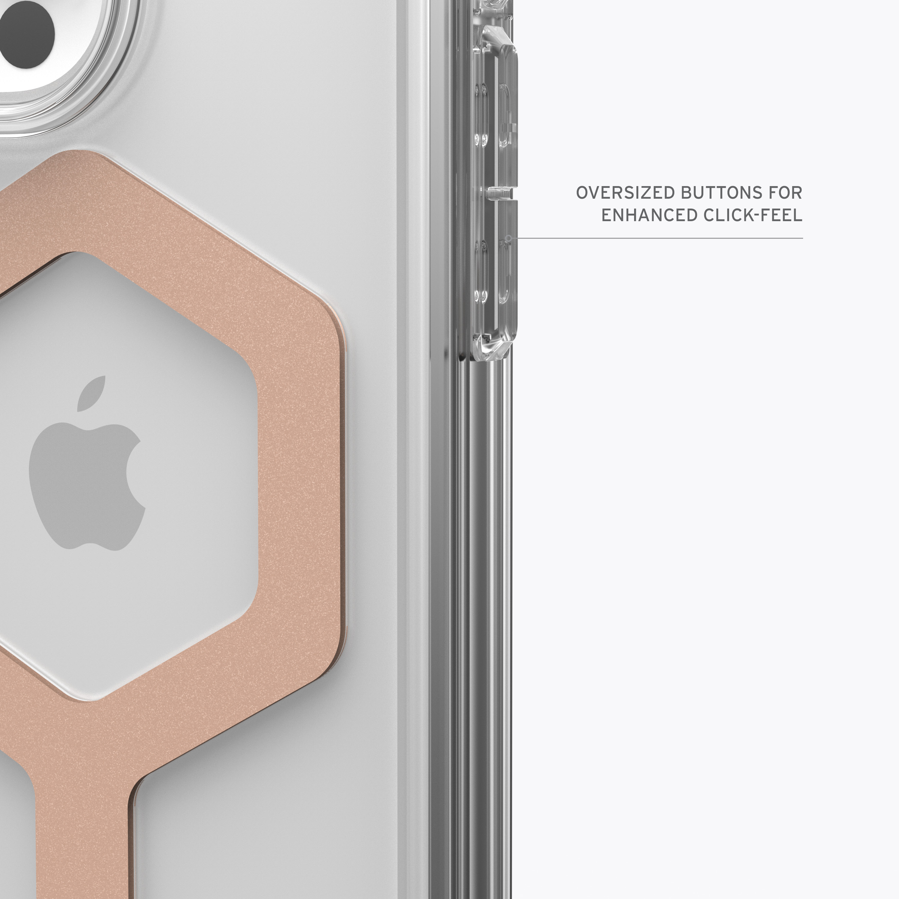 Nahaufnahme einer iPhone-Hülle mit roségoldenen Akzenten und Apple-Logo auf weißem Bereich.