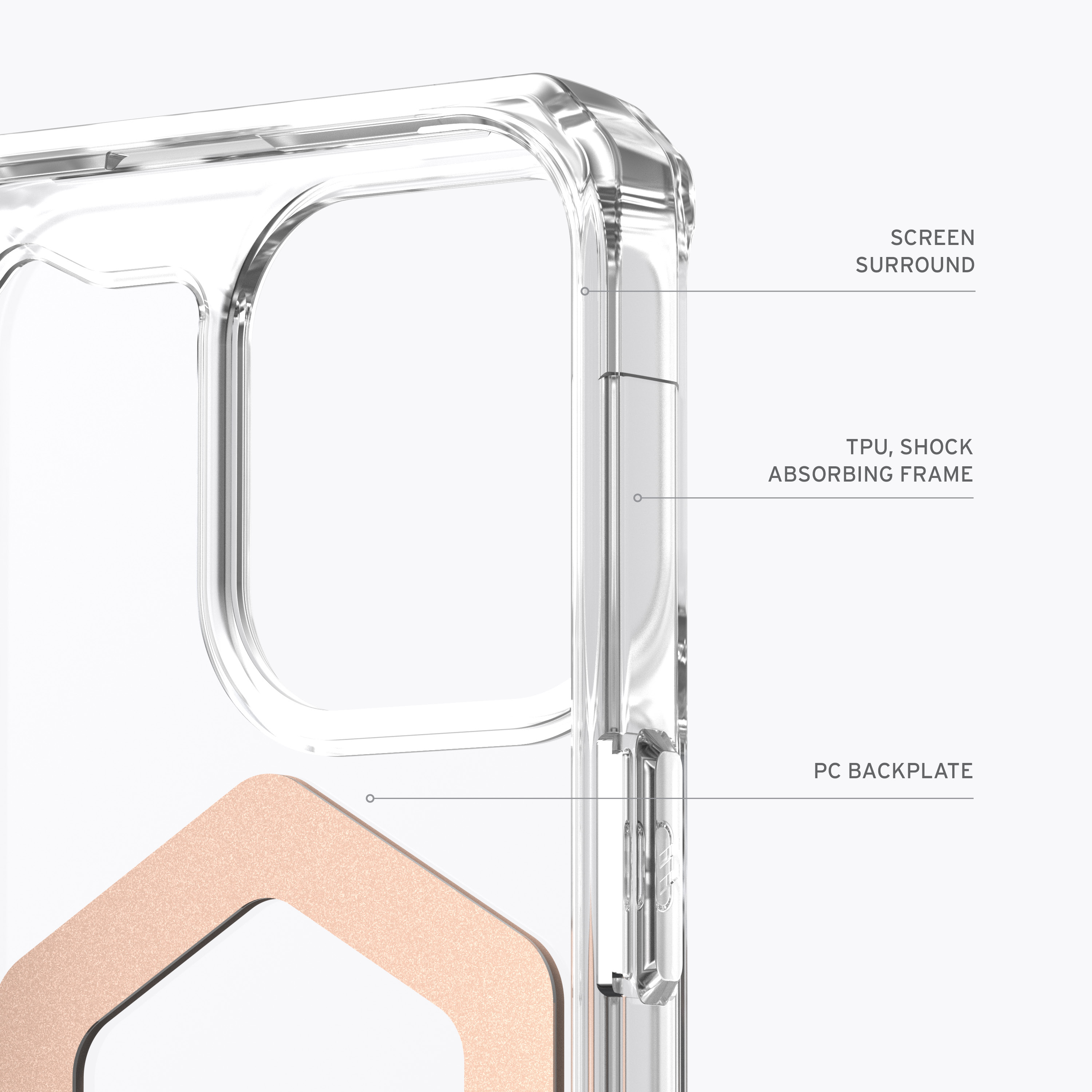 Nahaufnahme einer transparenten Handyhülle mit goldenem Akzent, Schutzschichten hervorgehoben.