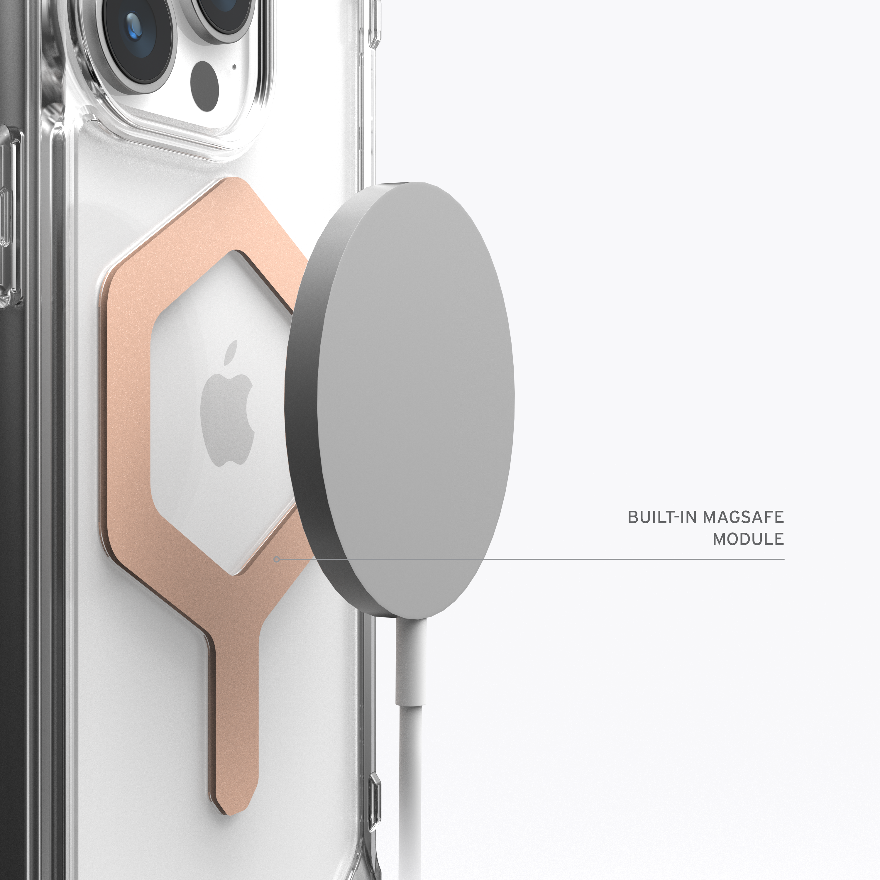 Eine transparente Handyhülle mit einem sechseckigen MagSafe-Modul in Roségold und einem grauen, kreisförmigen Ladegerät.
