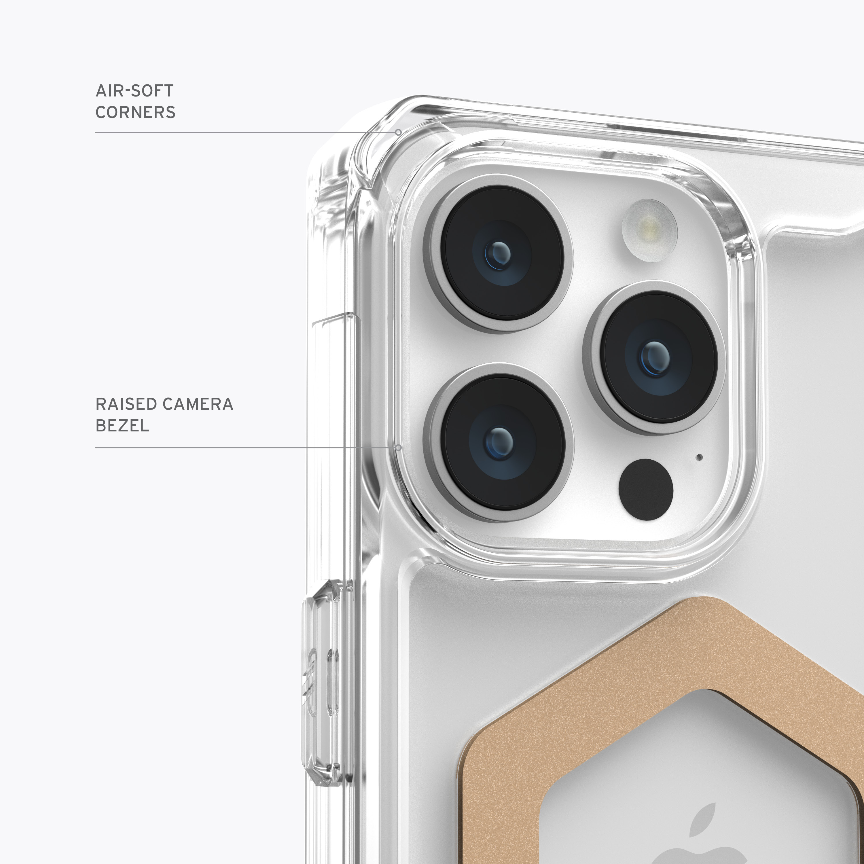 iPhone mit durchsichtiger Hülle, die die Kamera zeigt. Text beschreibt die Funktionen.