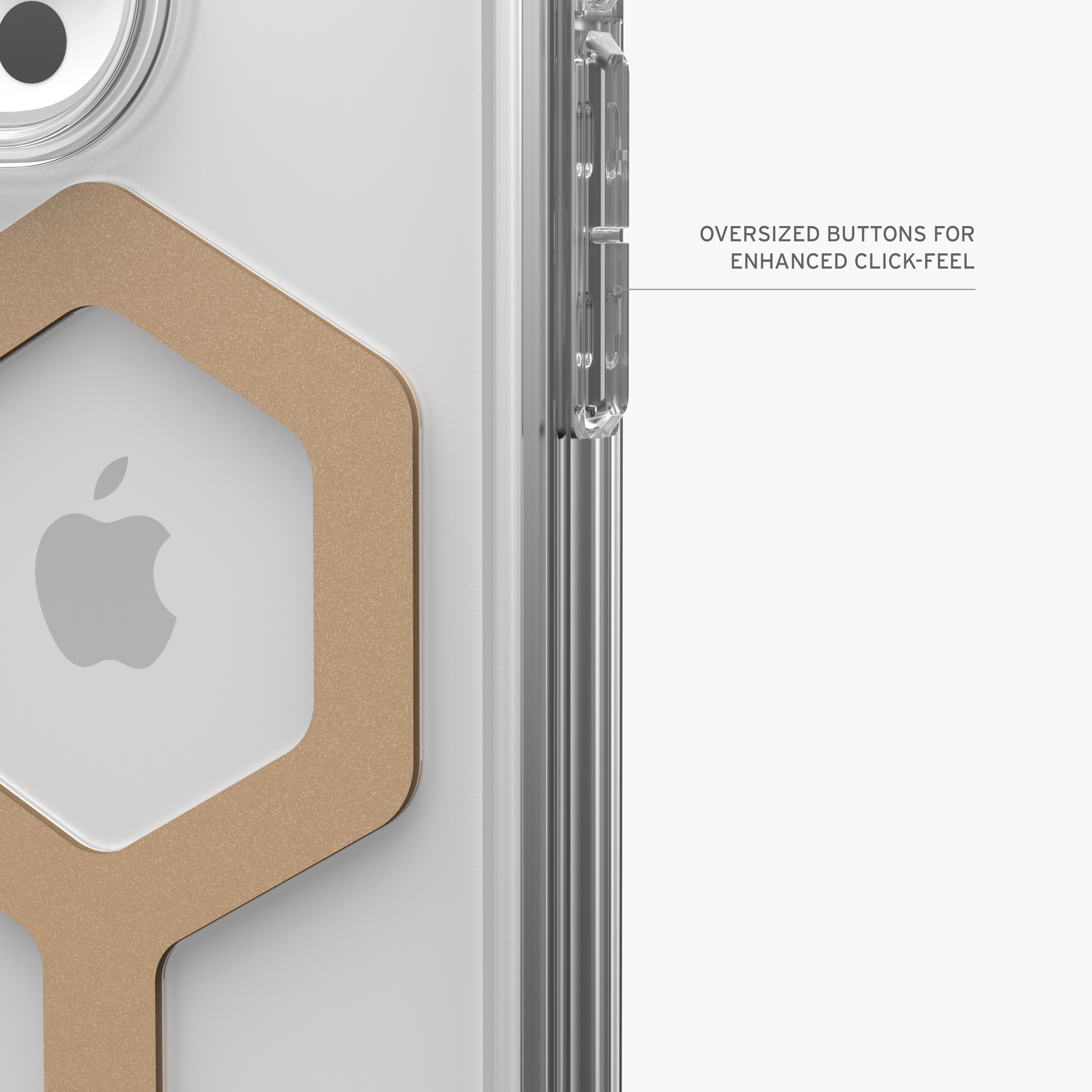 Nahaufnahme einer Handyhülle. Die Hülle ist transparent mit goldenen Akzenten und Apple-Logo.