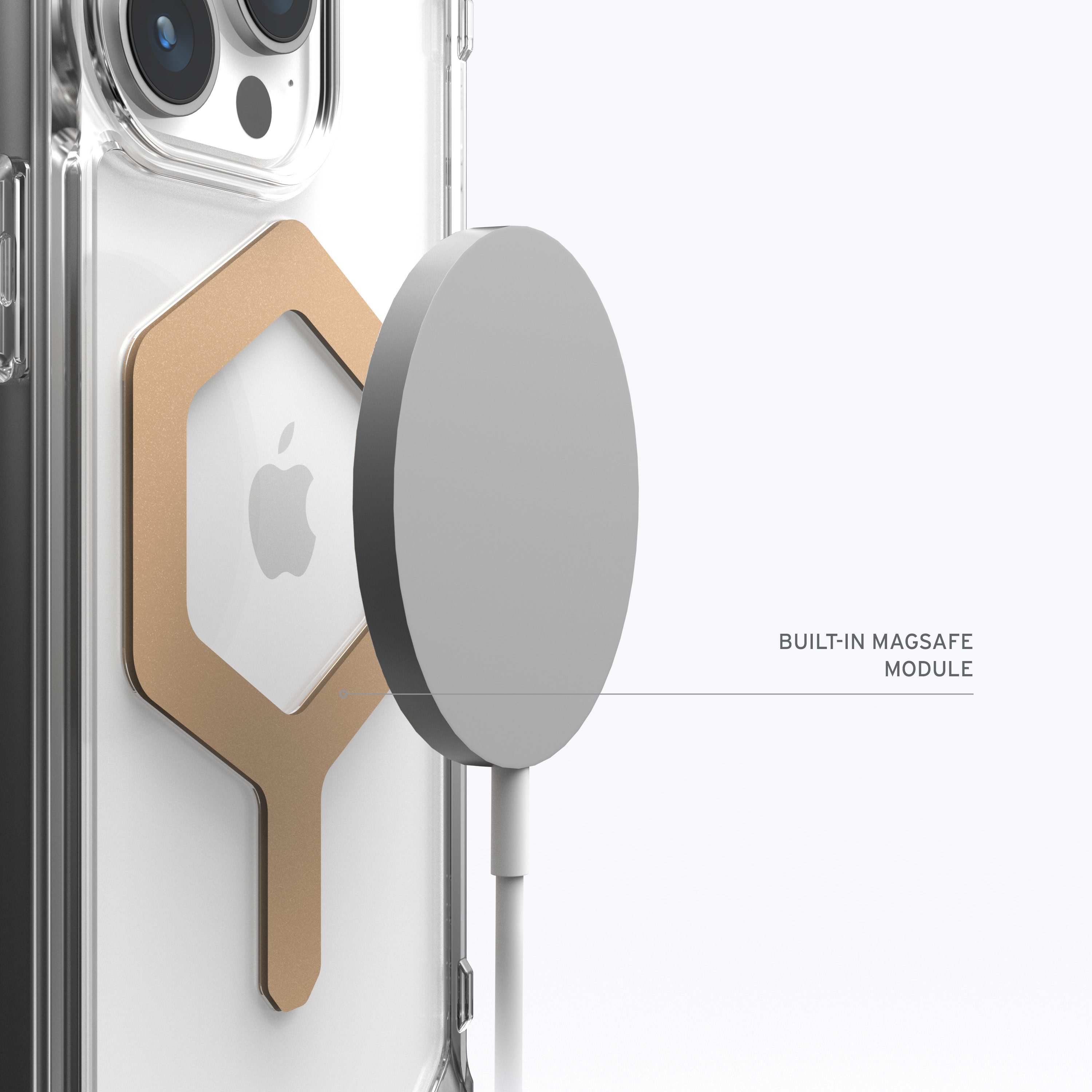 Eine Handyhülle mit einem MagSafe-Modul, das an einem iPhone befestigt ist.