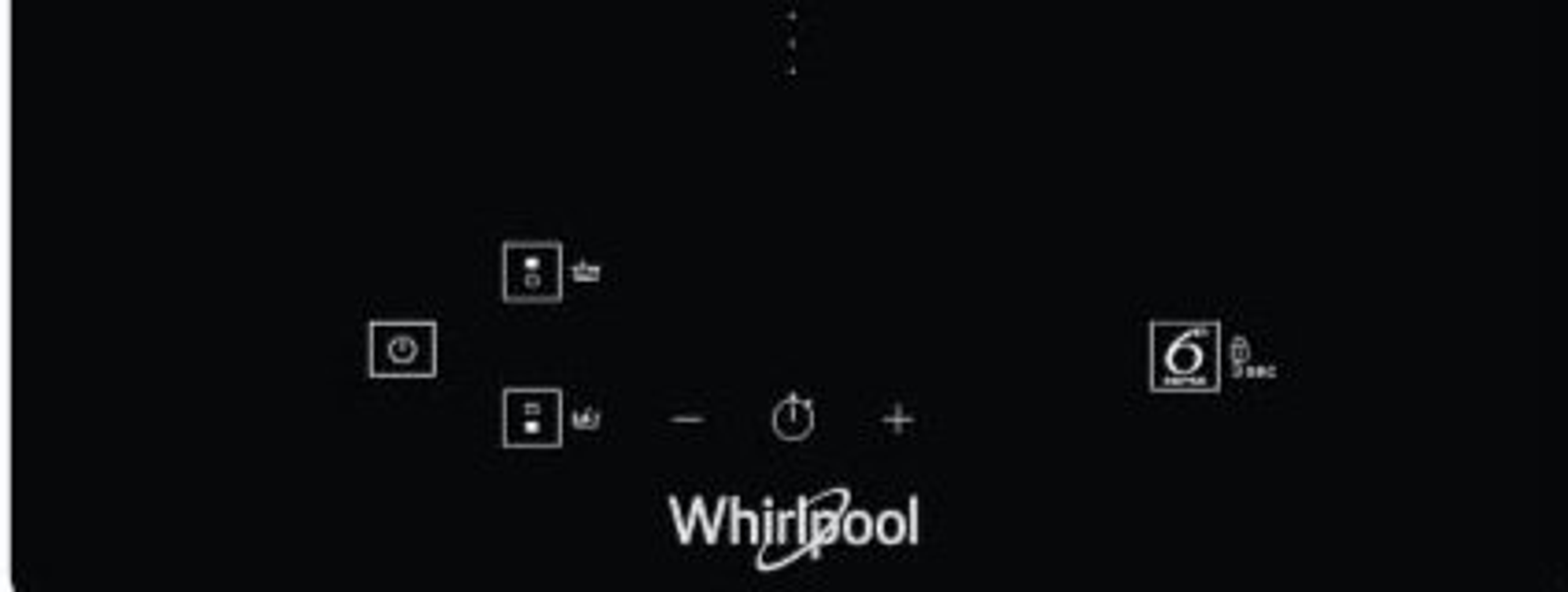 Een zwart Whirlpool bedieningspaneel met symbolen en tekst.