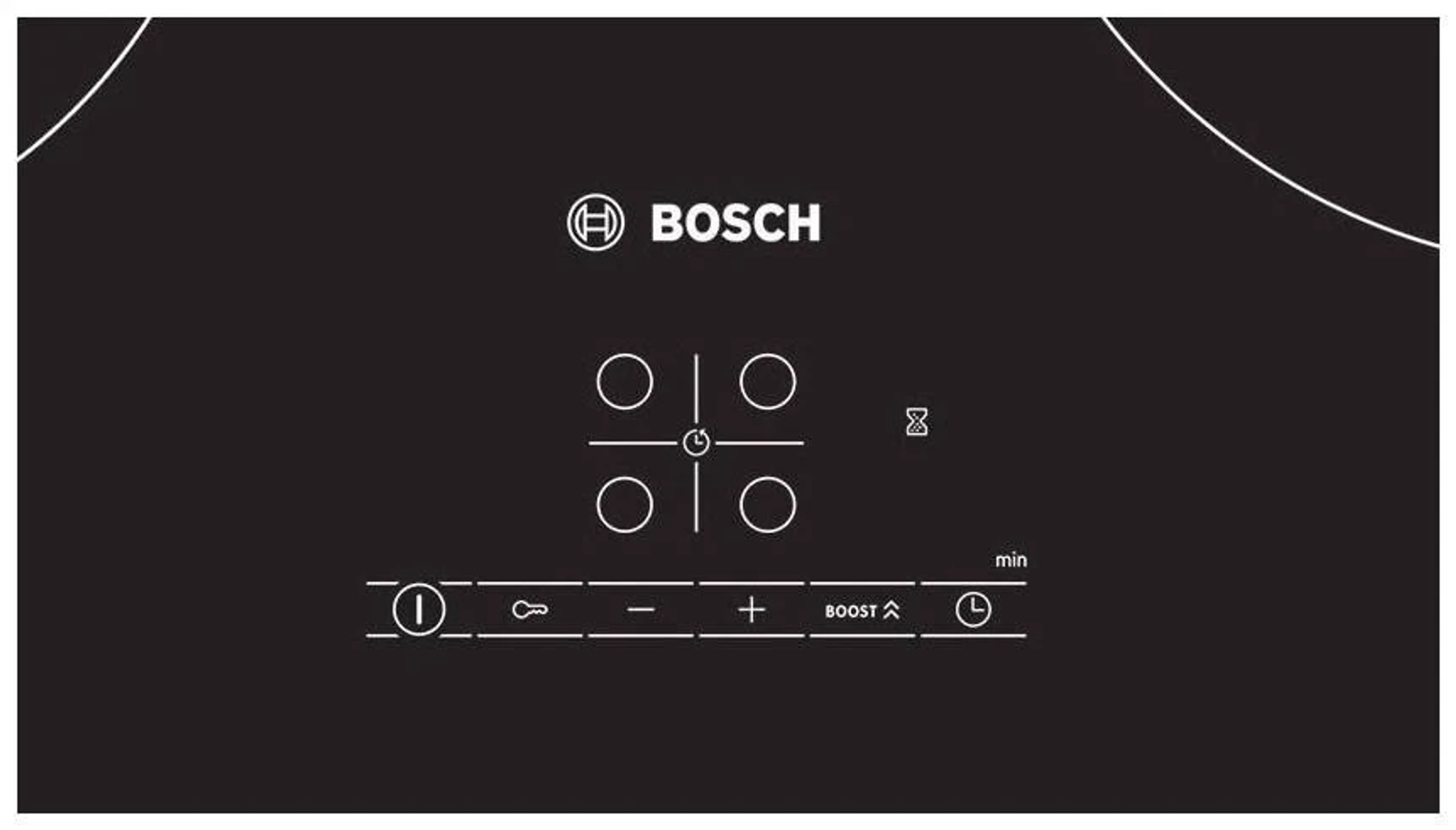 Czarny panel sterowania płyty grzewczej z elementami dotykowymi, logo Bosch i timerem.