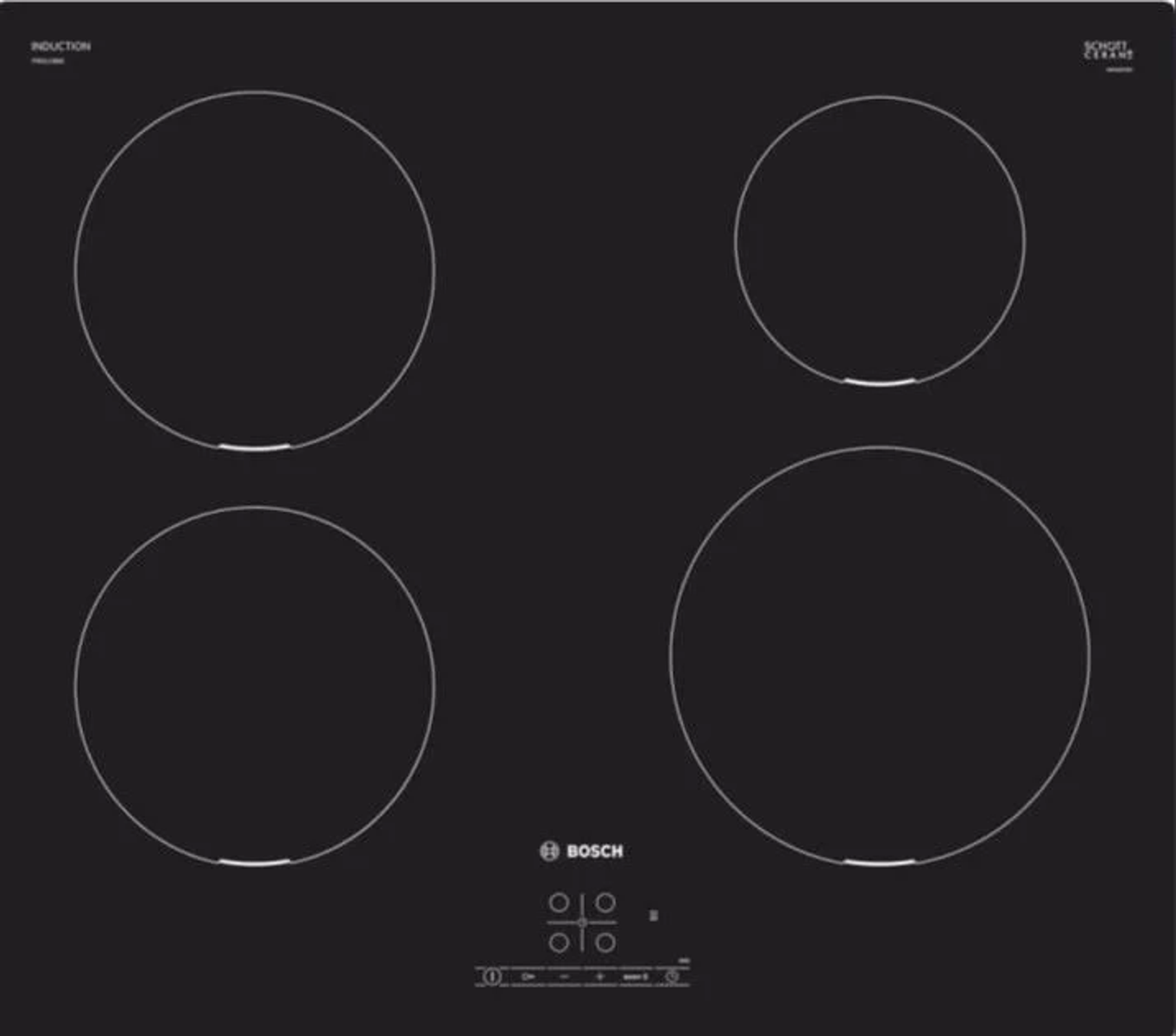 Czarna płyta indukcyjna Bosch z czterema okrągłymi strefami gotowania.
