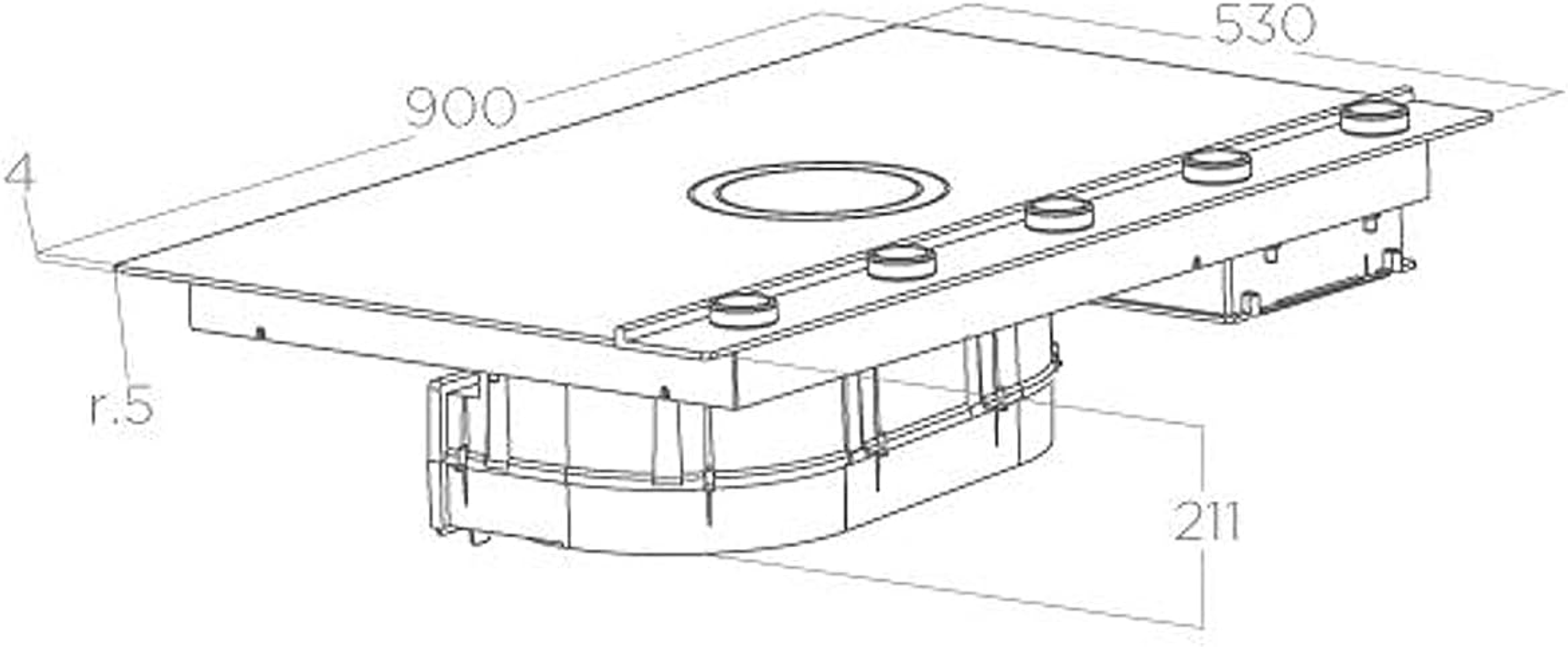 Un piano cottura bianco da incasso con dimensioni e una presa d'aria circolare.