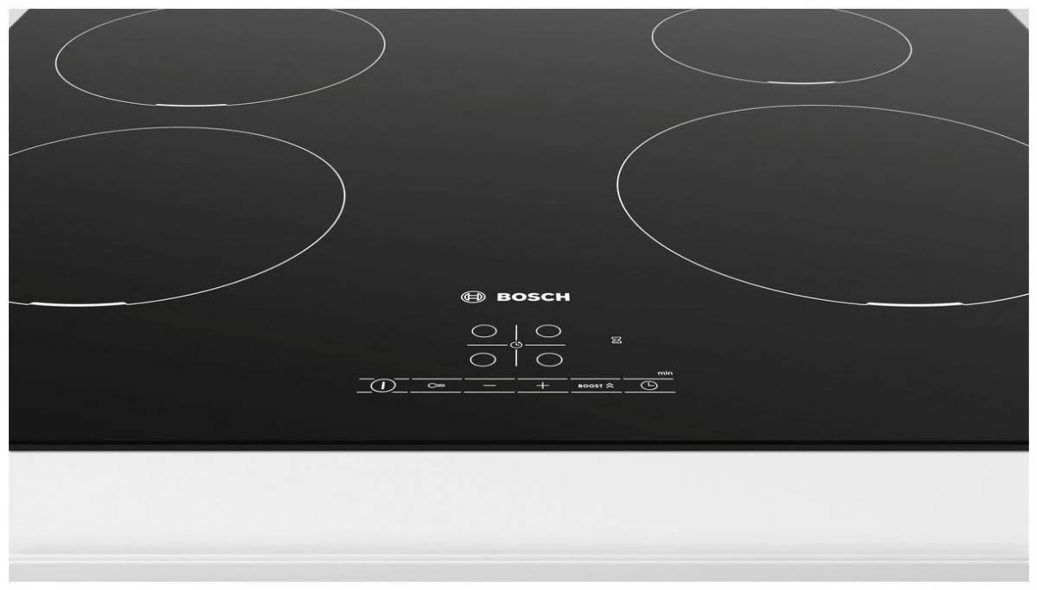 Czarna płyta indukcyjna Bosch z czterema okrągłymi palnikami i przyciskami sterowania.