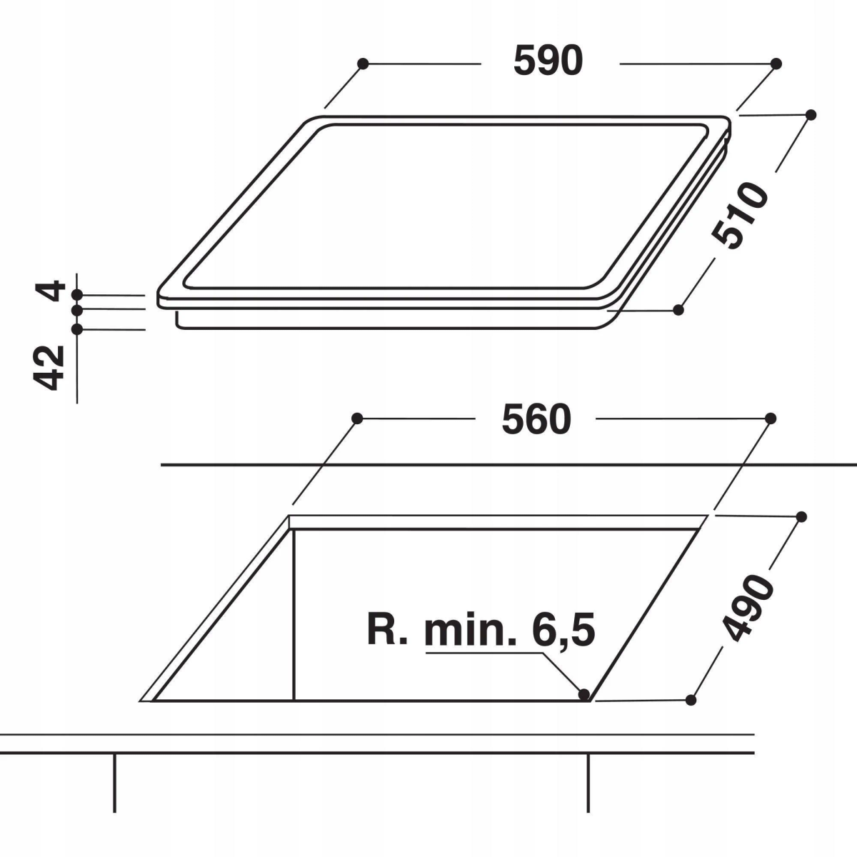 Diagramma di un piano cottura quadrato con dimensioni. Mostra le dimensioni di taglio per l'installazione.