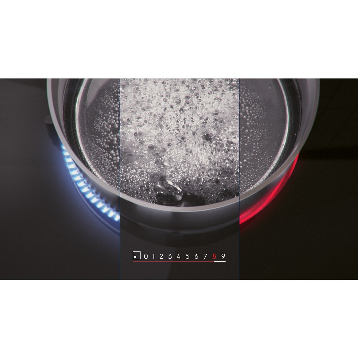 Zbliżenie wrzącej wody w garnku na czarnej płycie indukcyjnej z numerowanymi ustawieniami ciepła.