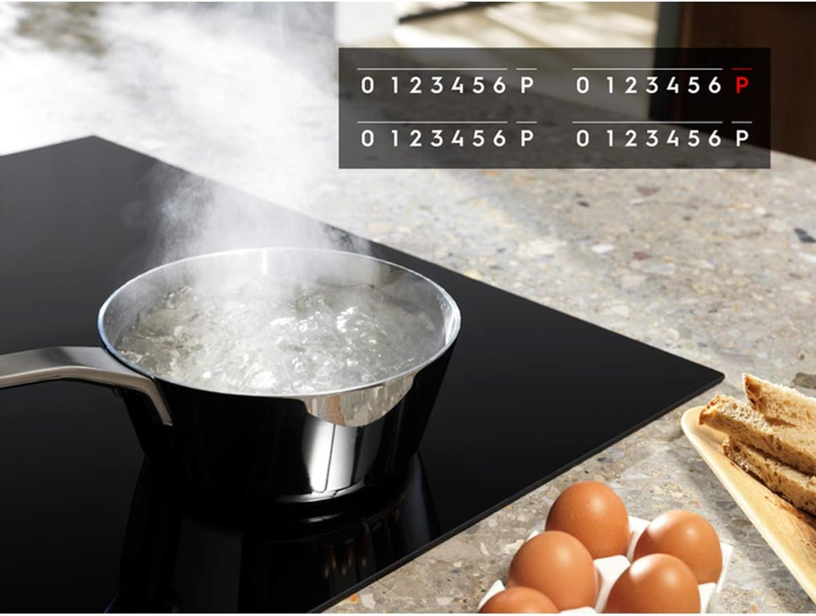 Escena de cocina con agua hirviendo, huevos y texto mostrando niveles de cocción.