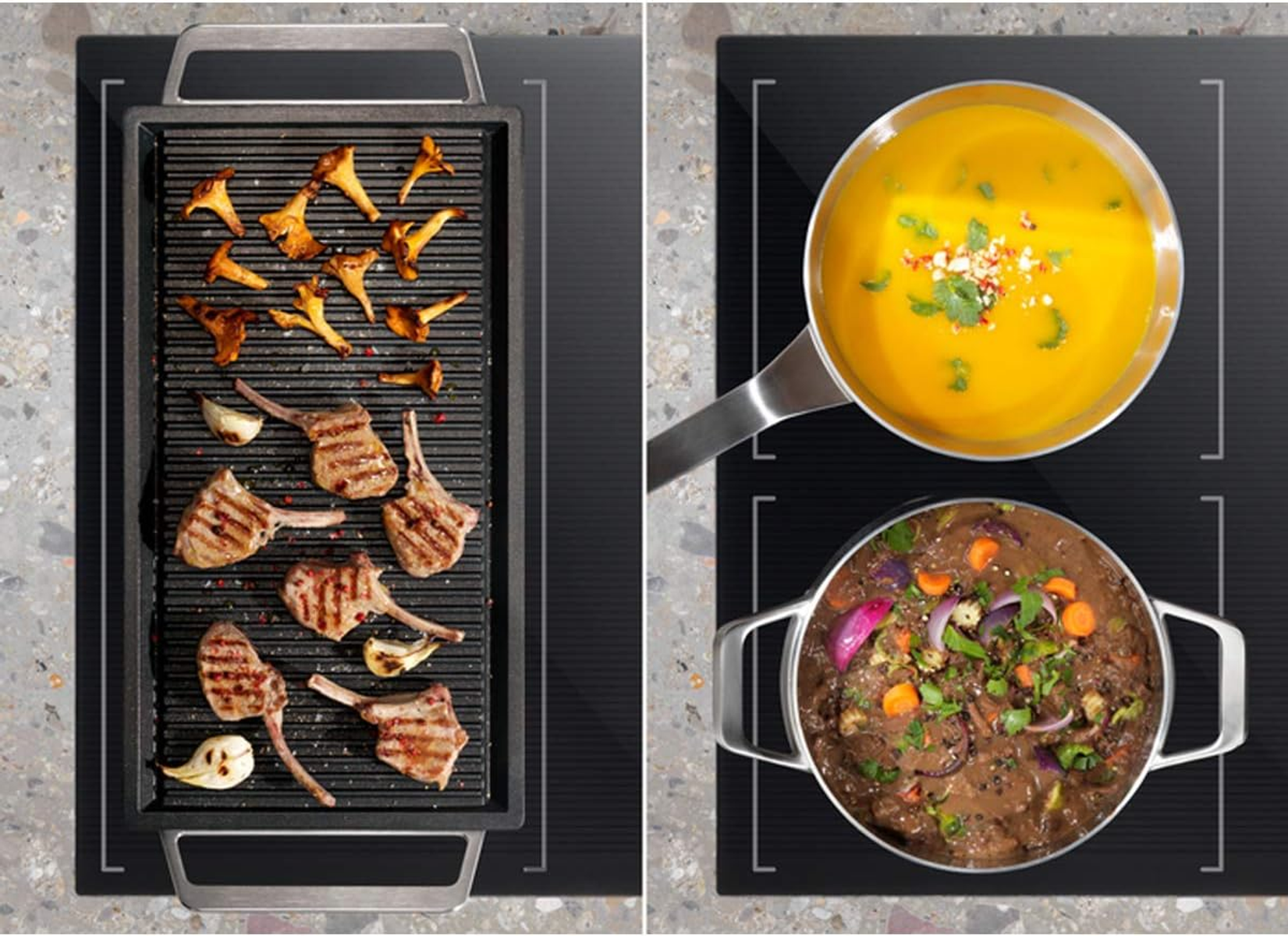 Placa de cocina con comida a la parrilla y sopa. Chuletas de cordero y champiñones a la izquierda, sopa a la derecha.