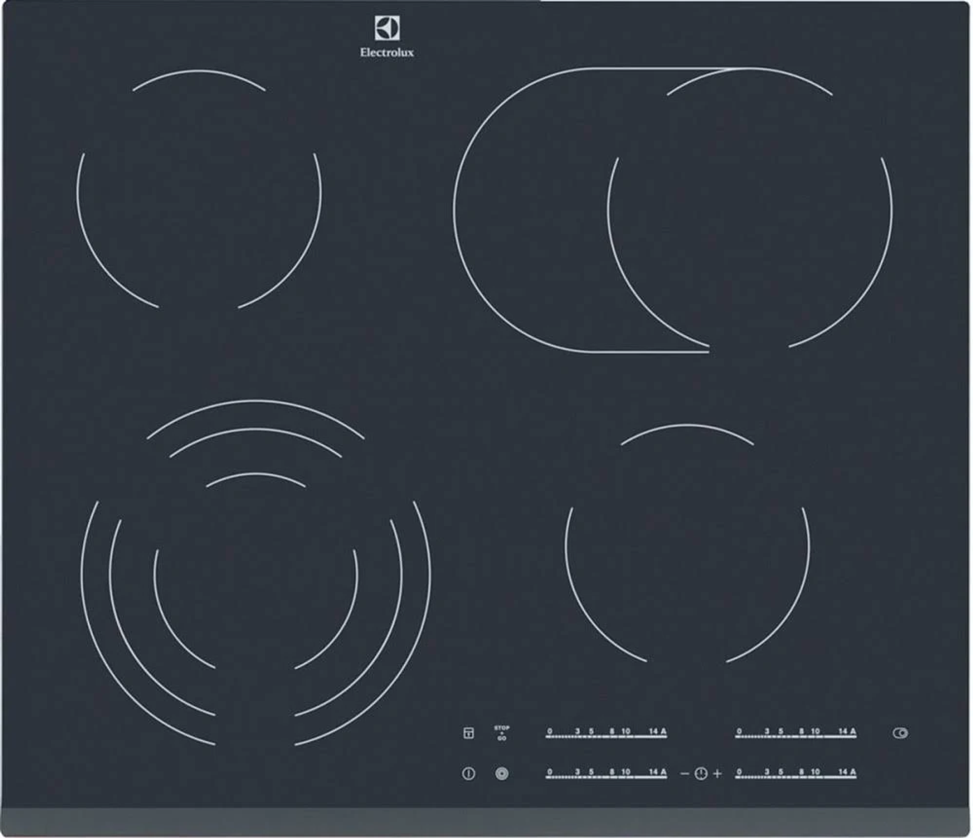 Dunkelgraues Electrolux Induktionskochfeld mit vier kreisförmigen Kochfeldern. Weiße Markierungen. Kein Hintergrund.