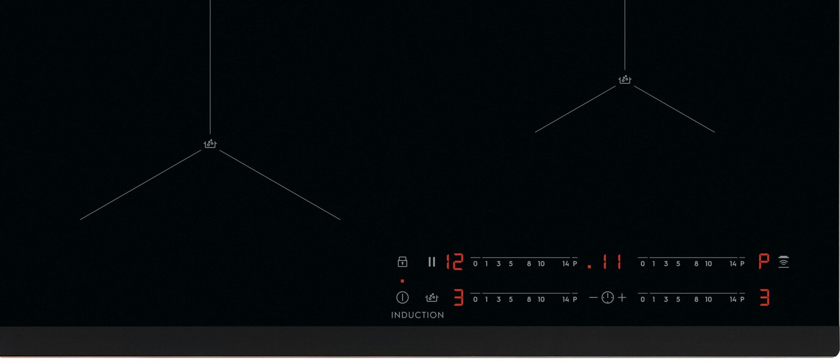 Czarna płyta indukcyjna, z elementami dotykowymi i wskaźnikami mocy.