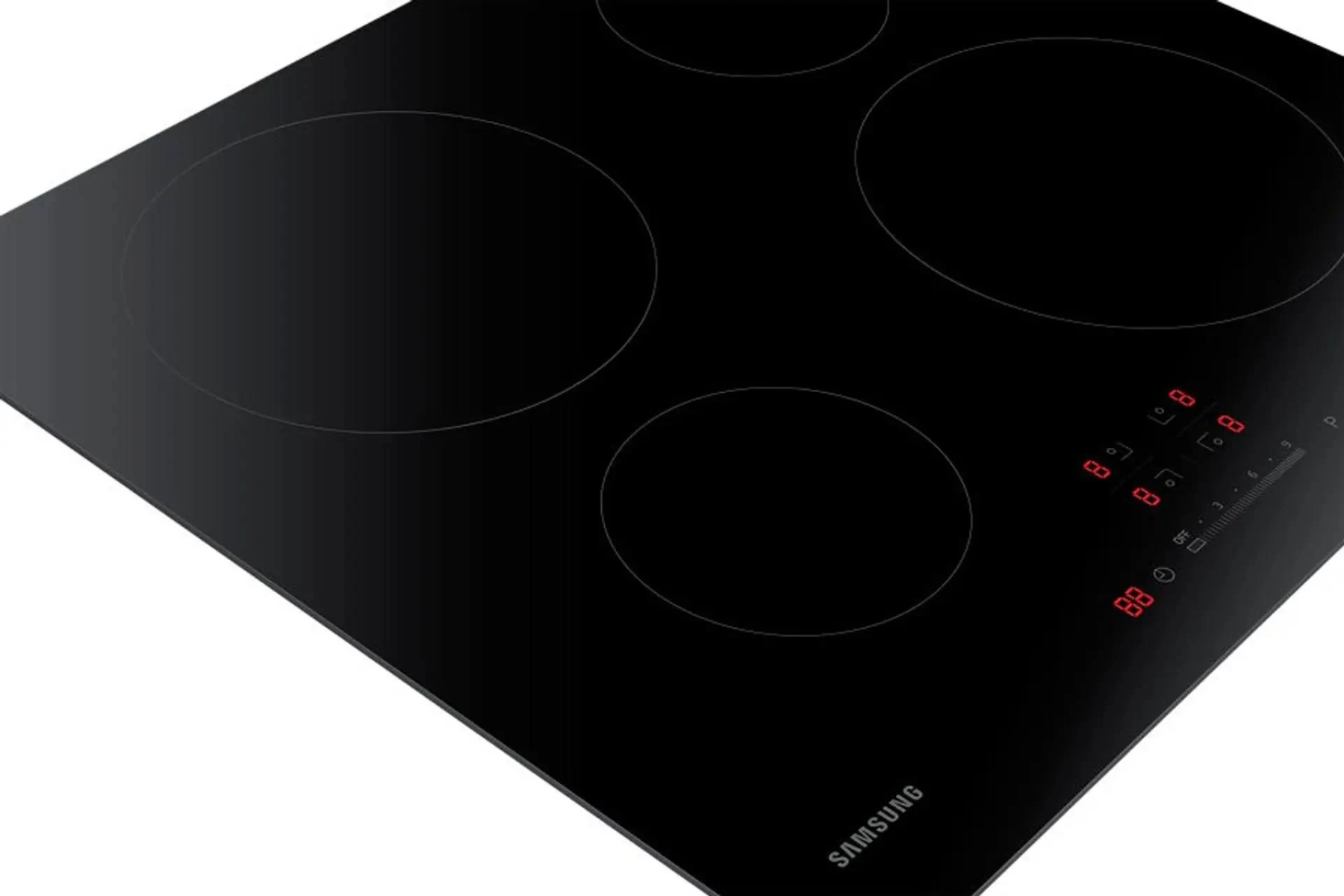 Encimera de inducción Samsung negra, cuatro quemadores circulares, pantalla digital.