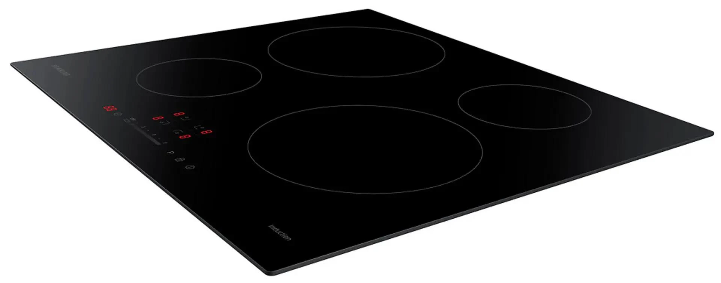 Placa de inducción negra con cuatro quemadores circulares. La pantalla muestra dígitos rojos.