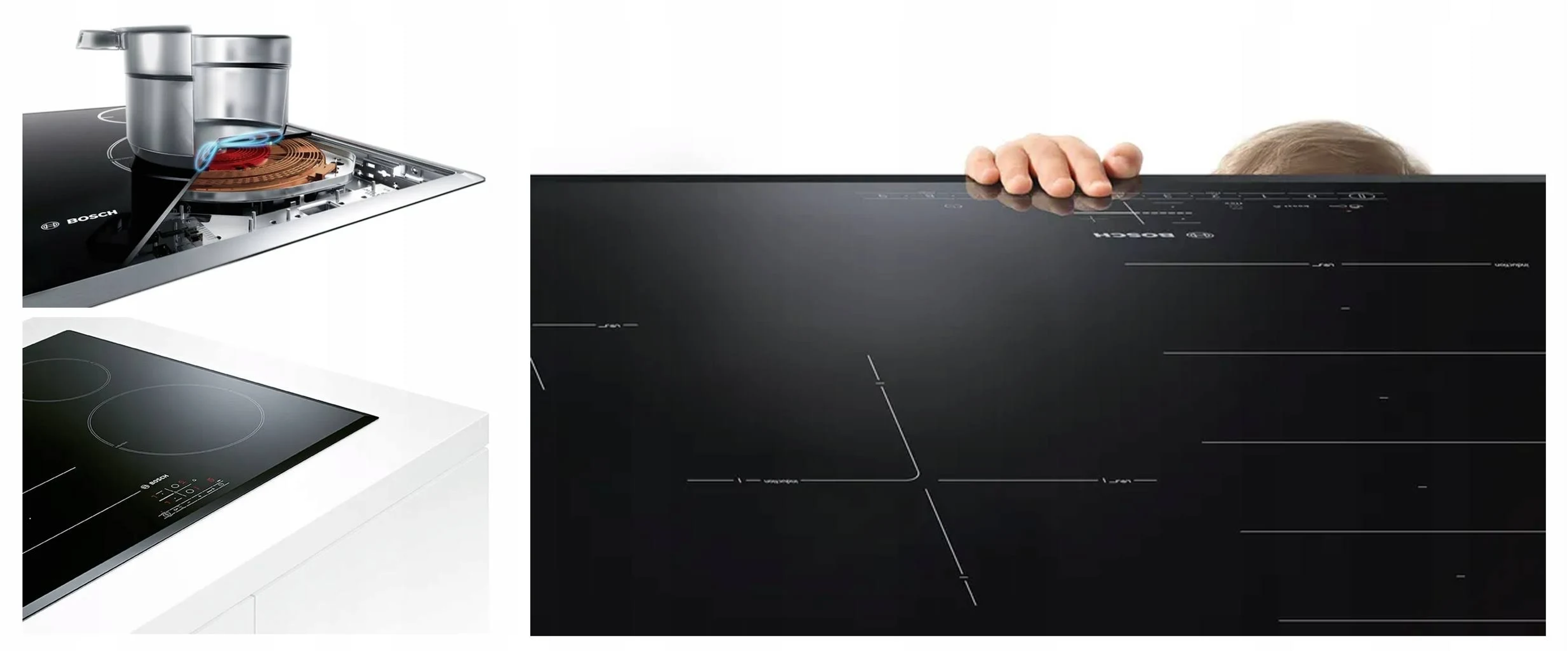 Wiele widoków czarnej płyty indukcyjnej z białym blatem. Zawiera garnki.