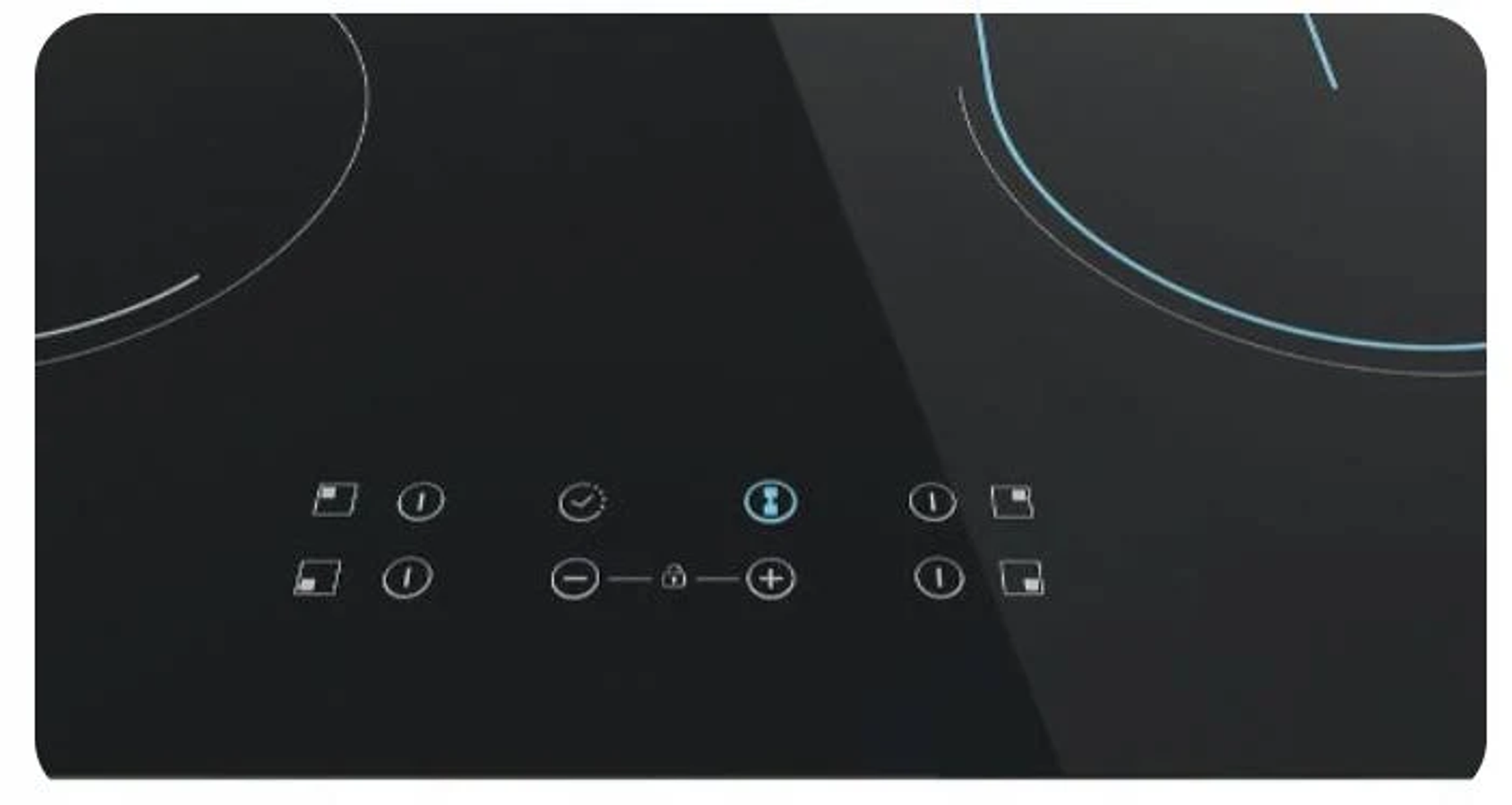 Zbliżenie czarnej płyty indukcyjnej z ikonami sterowania i okrągłymi strefami gotowania.