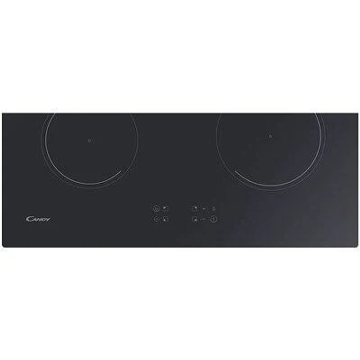 Czarna płyta grzewcza z dwoma okrągłymi palnikami i przyciskami sterowania.