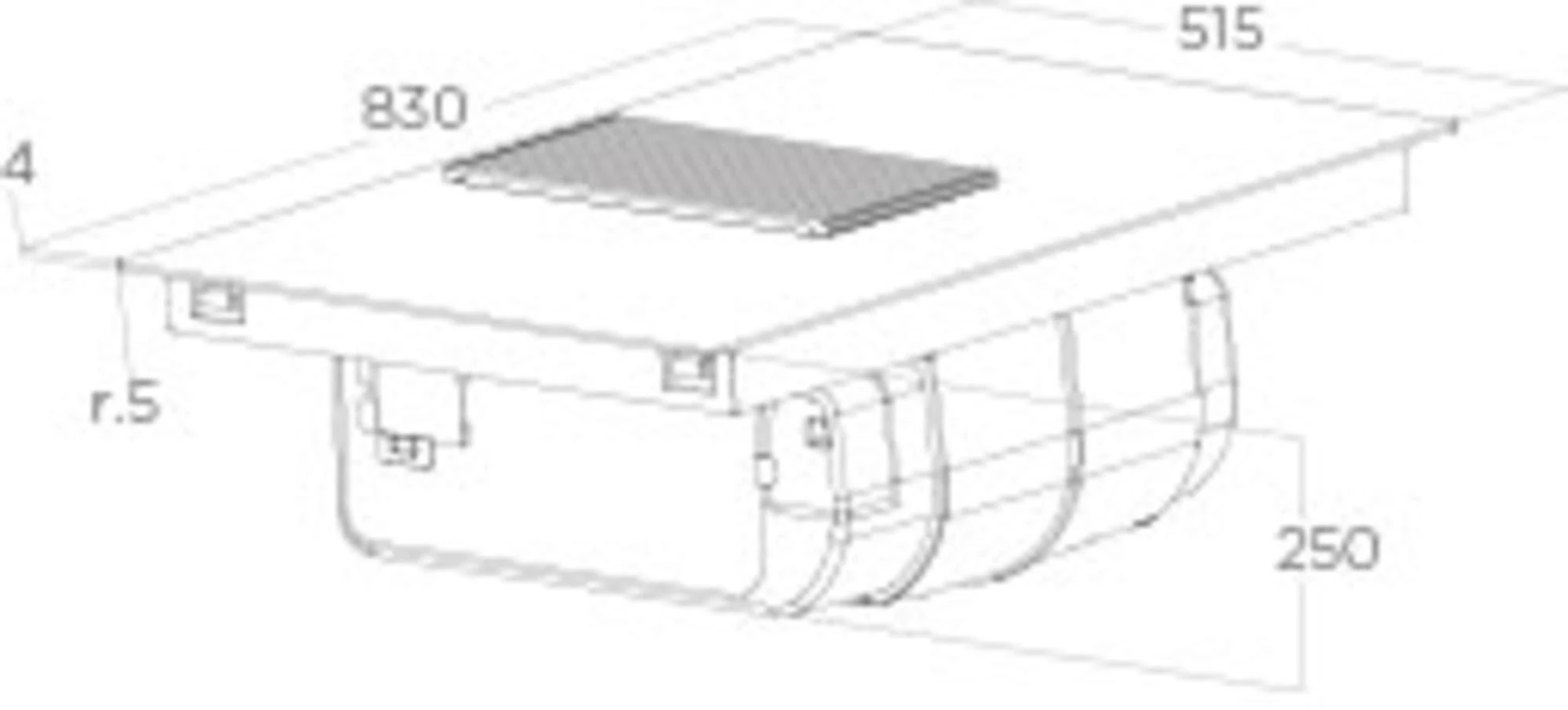 Vista isometrica di un piano cottura, che mostra le dimensioni e la forma generale.