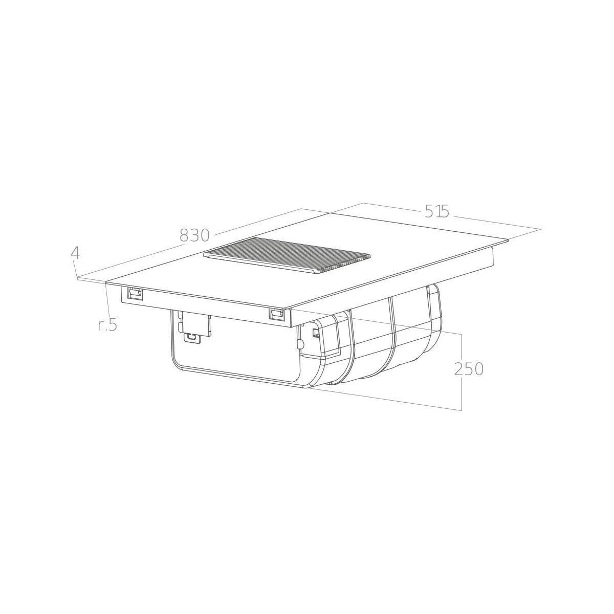 Disegno tecnico di un piano cottura con dimensioni. Rettangolare con griglia.