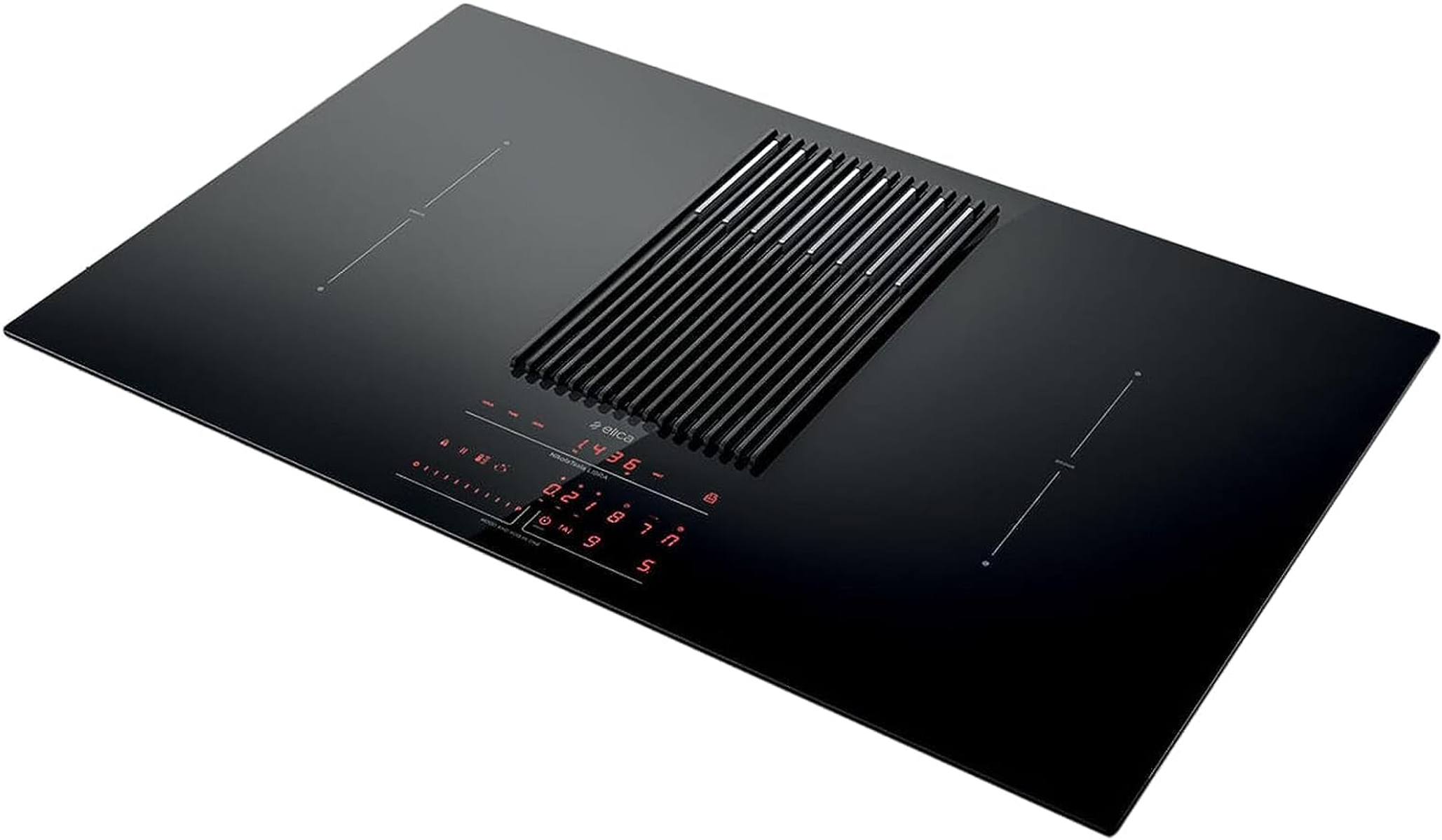 Encimera negra con extractor integrado. La encimera tiene una pantalla táctil y un extractor con barras negras.