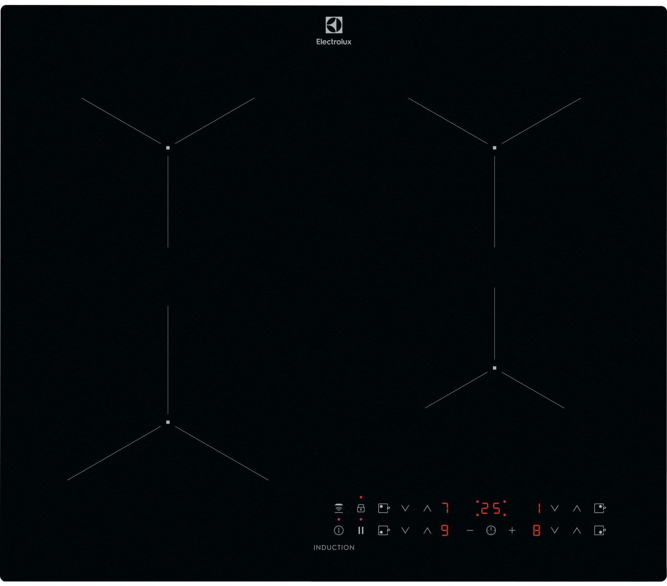 Czarna płyta indukcyjna z czterema strefami gotowania i wyświetlaczem cyfrowym z cyframi i symbolami.