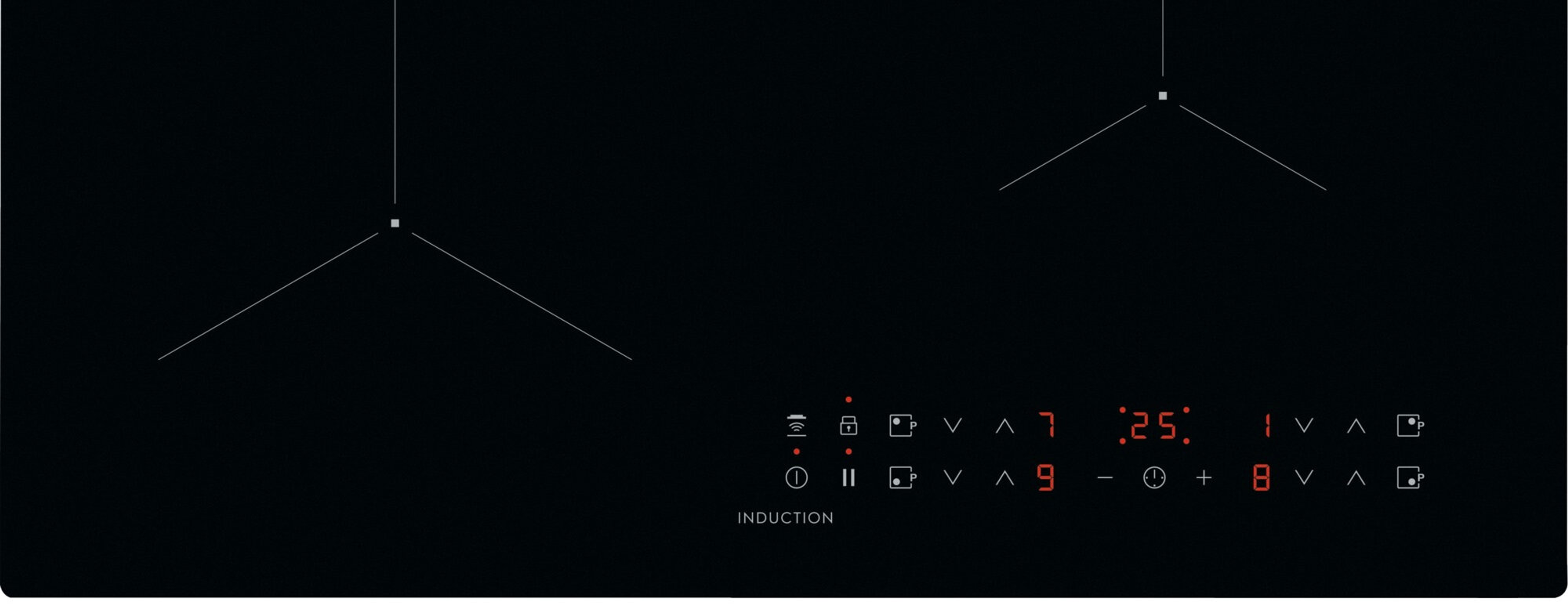 Czarna płyta indukcyjna z czerwonymi wyświetlaczami cyfrowymi. Widoczne białe wskaźniki na płycie.