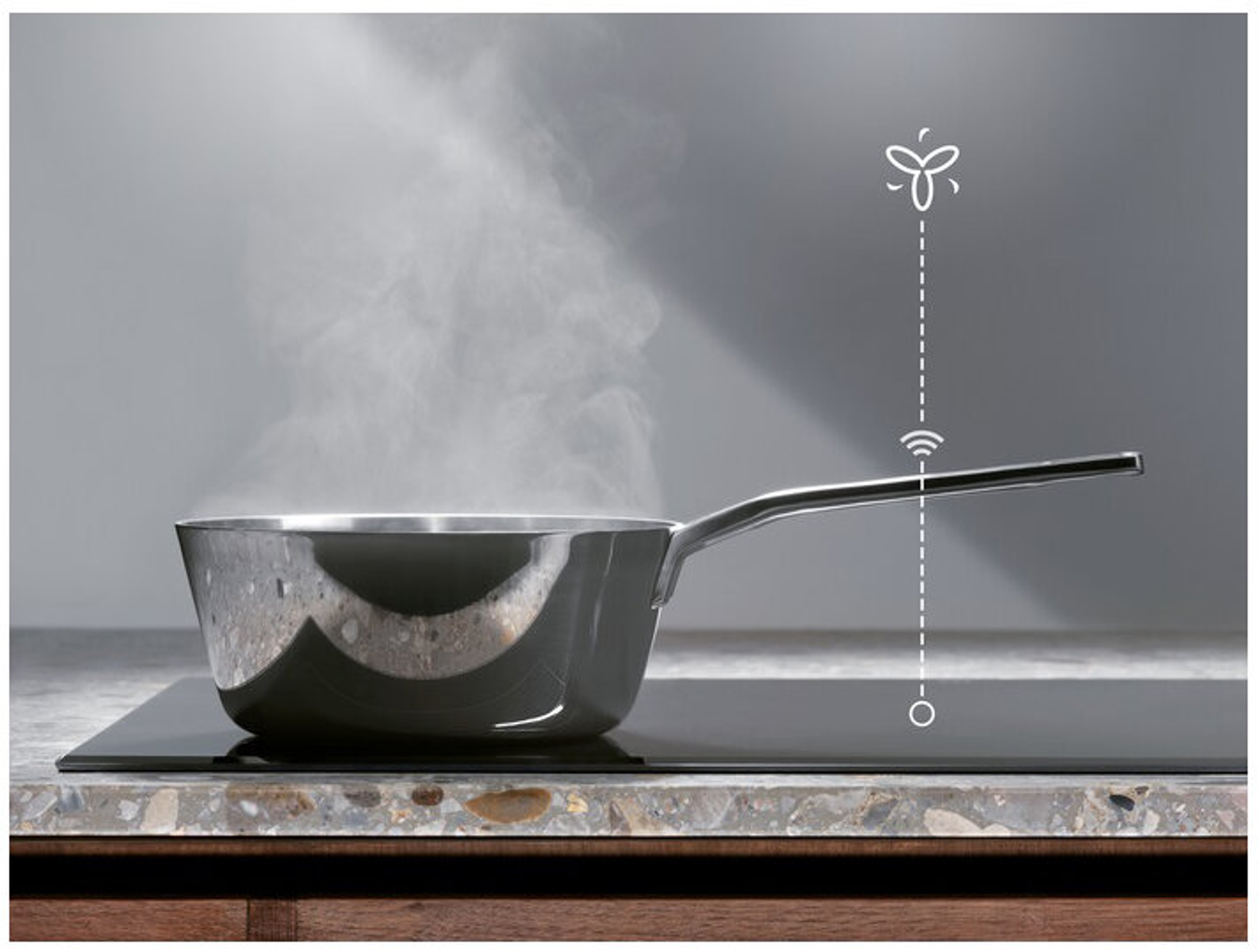 Garnek na czarnej płycie grzewczej z unoszącą się parą. Schemat pokazuje Wi-Fi i wentylator.