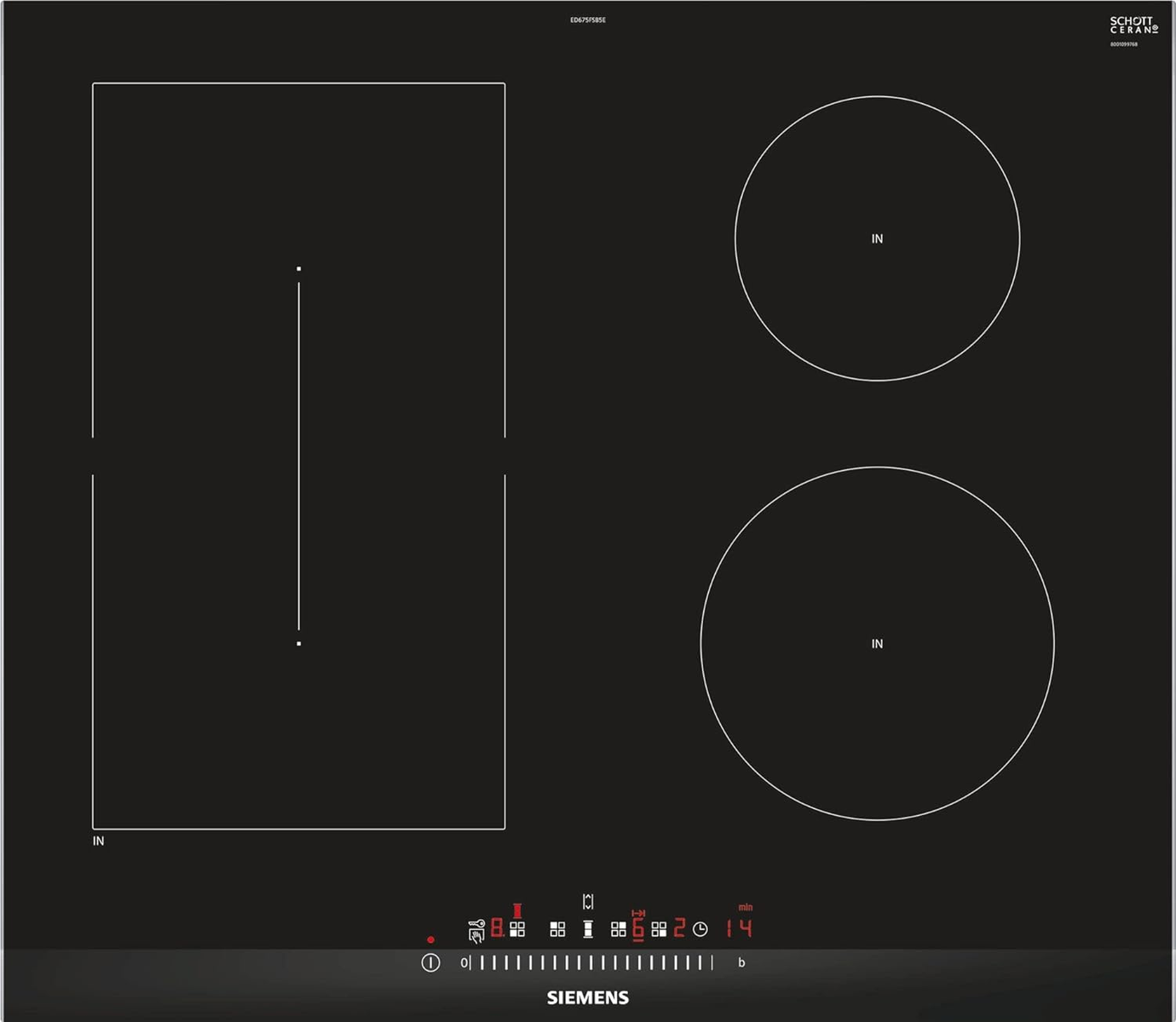 Black induction hob with two circular and one rectangular cooking zones, and Siemens brand logo.