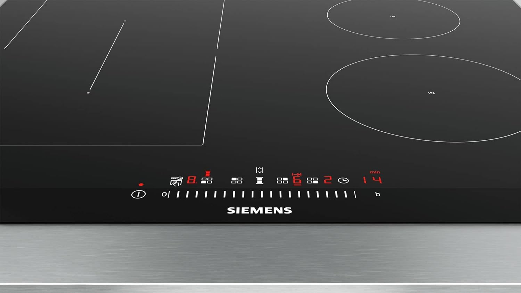 A black Siemens induction cooktop with red digital displays and touch controls.
