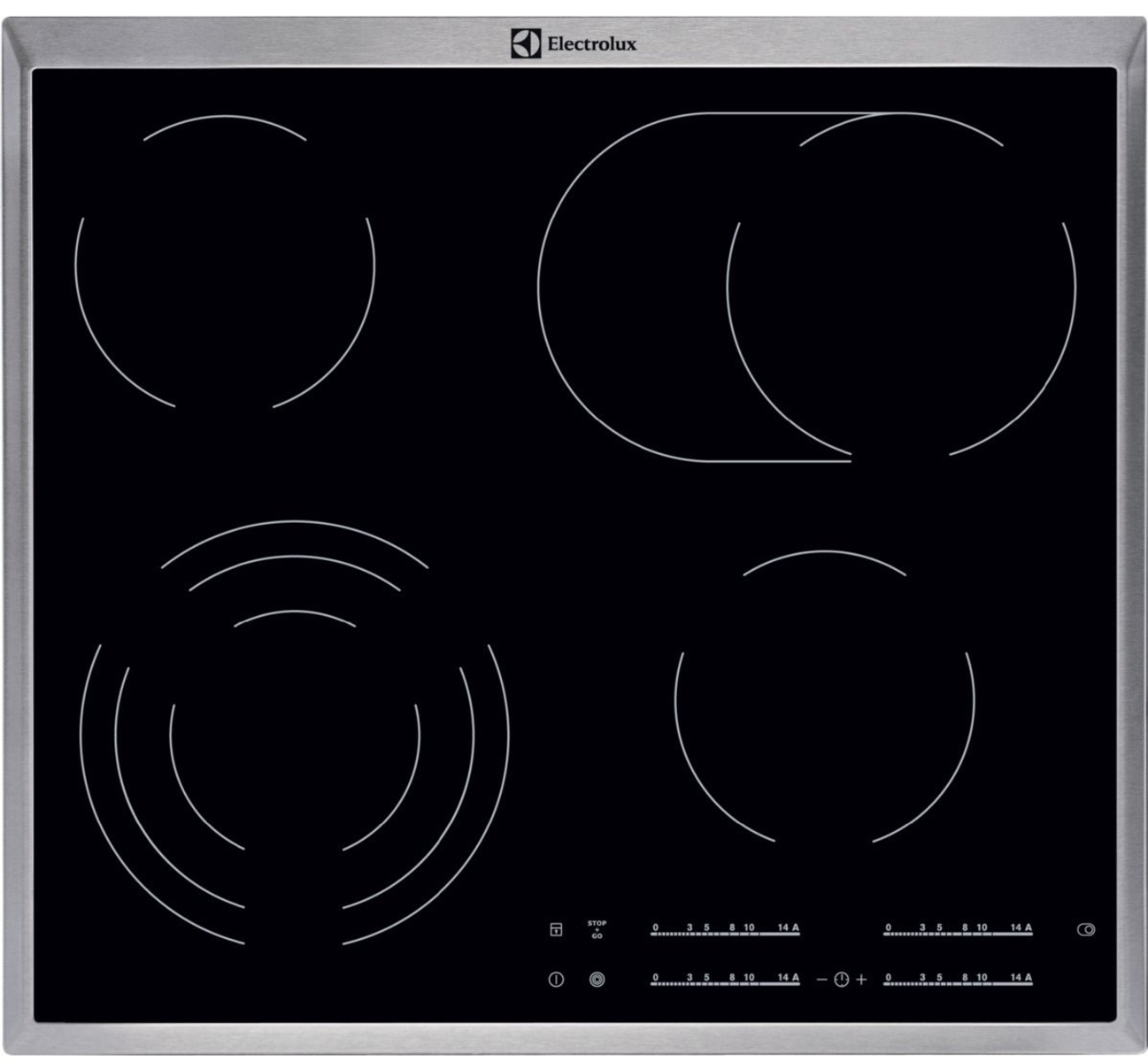 Czarna szklana płyta grzewcza z czterema okrągłymi elementami grzejnymi i ramą ze stali nierdzewnej.